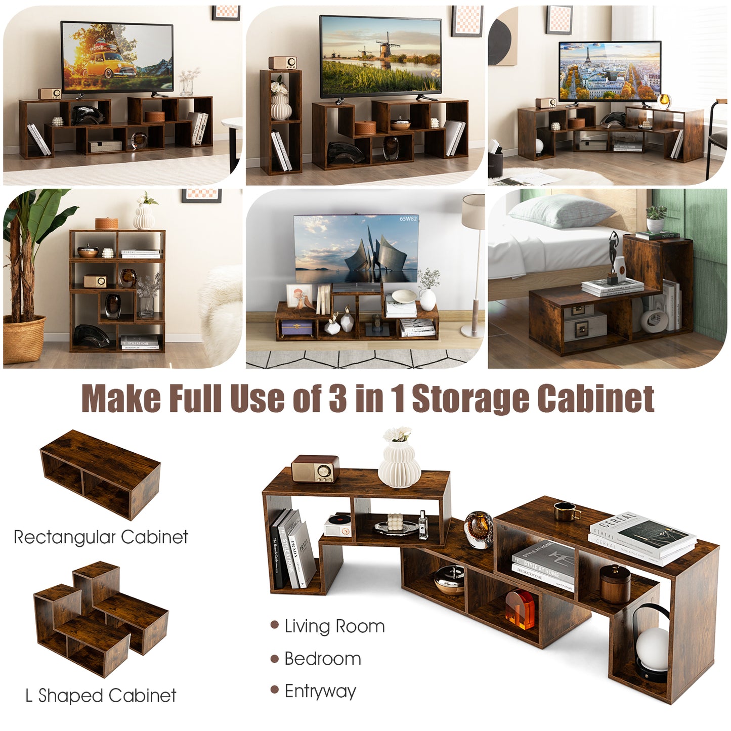 Adjustable 3-Piece TV Console with Shelves for TVs up to 65 Inch in Brown Finish