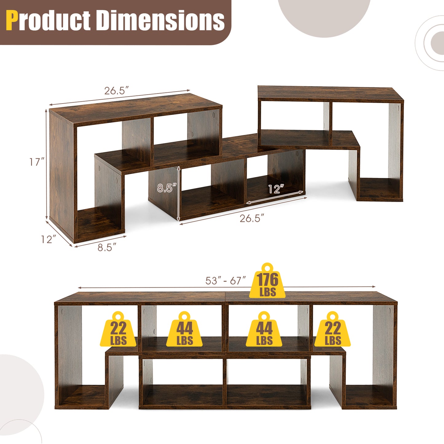 Adjustable 3-Piece TV Console with Shelves for TVs up to 65 Inch in Brown Finish