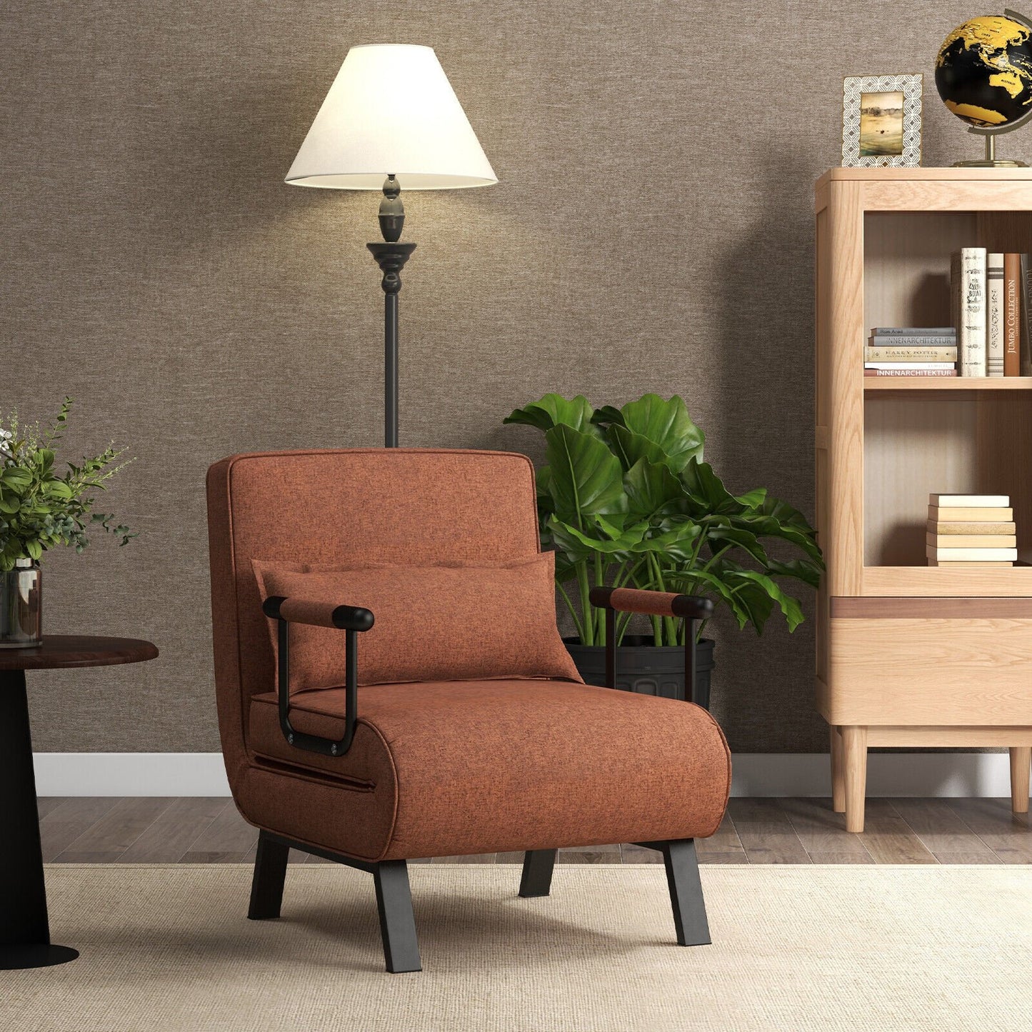 6 Position Folding Sleeper Armchair with Pillow and Sturdy Metal Frame in Brown