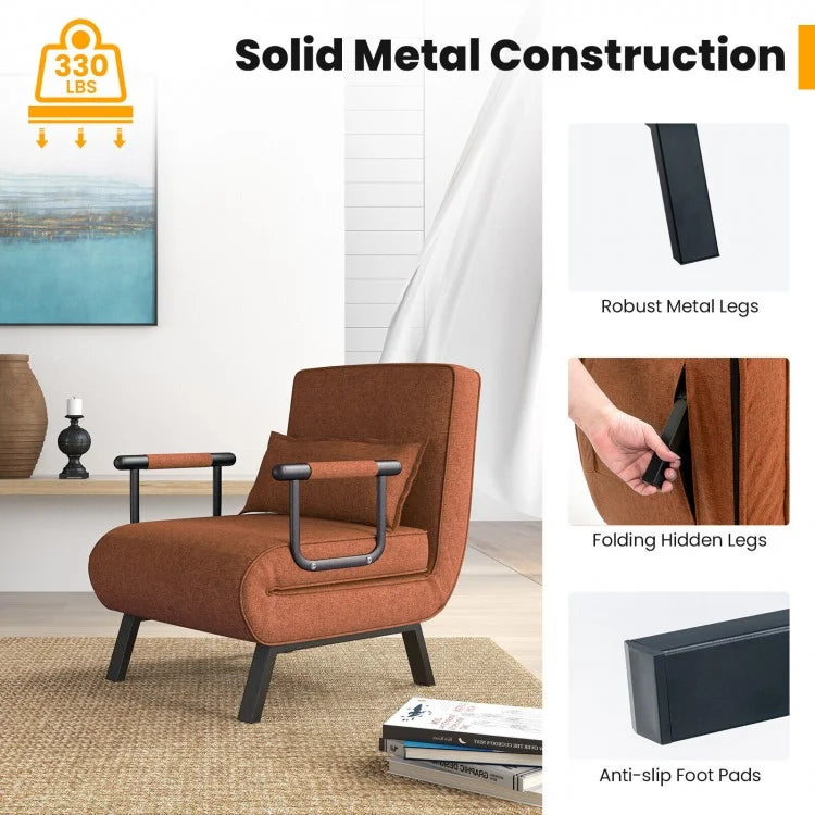 6 Position Folding Sleeper Armchair with Pillow and Sturdy Metal Frame in Brown