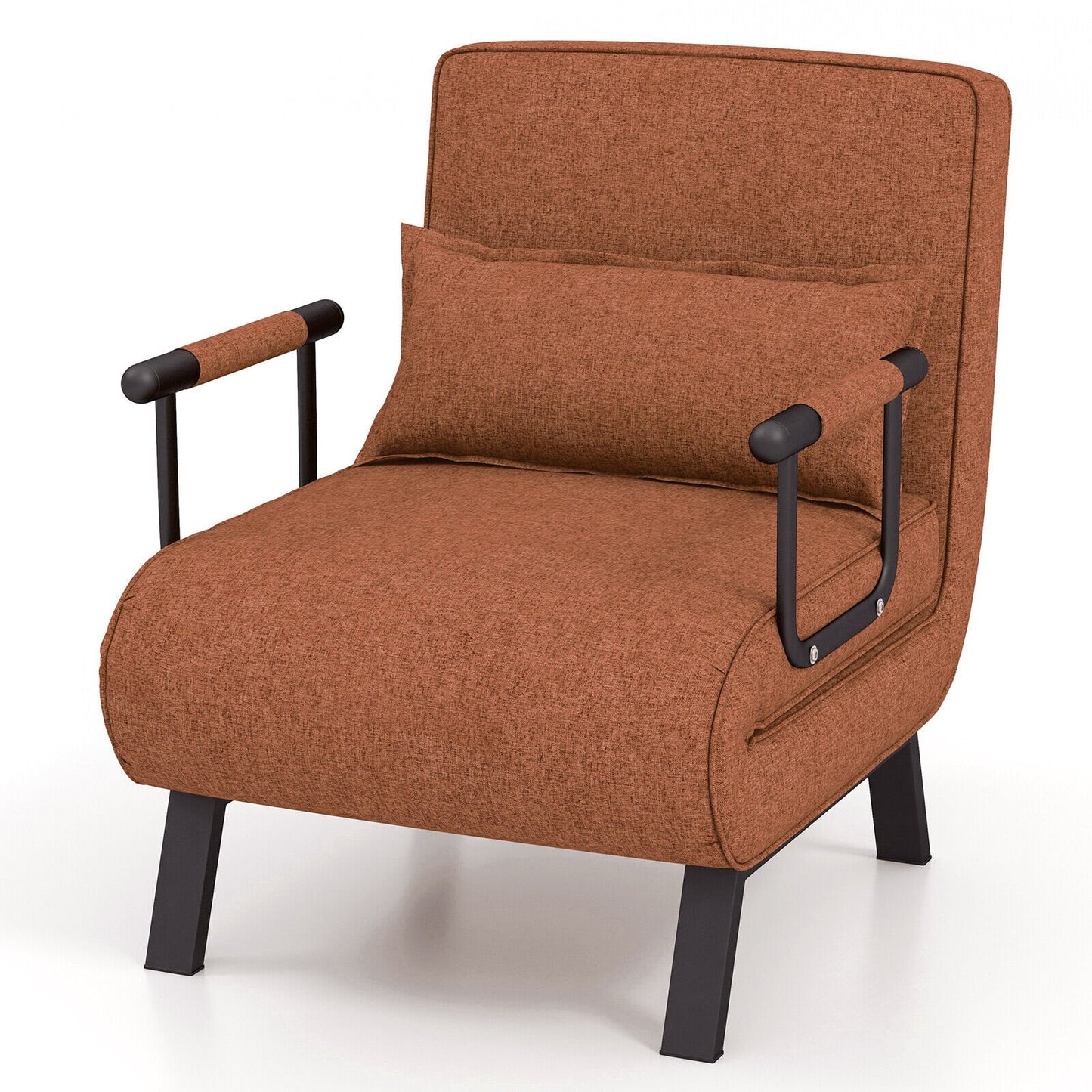 6 Position Folding Sleeper Armchair with Pillow and Sturdy Metal Frame in Brown