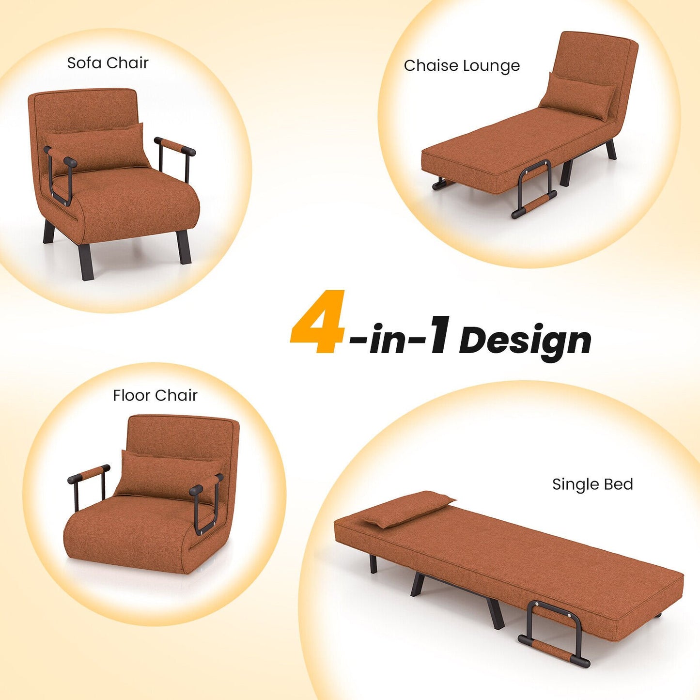 6 Position Folding Sleeper Armchair with Pillow and Sturdy Metal Frame in Brown