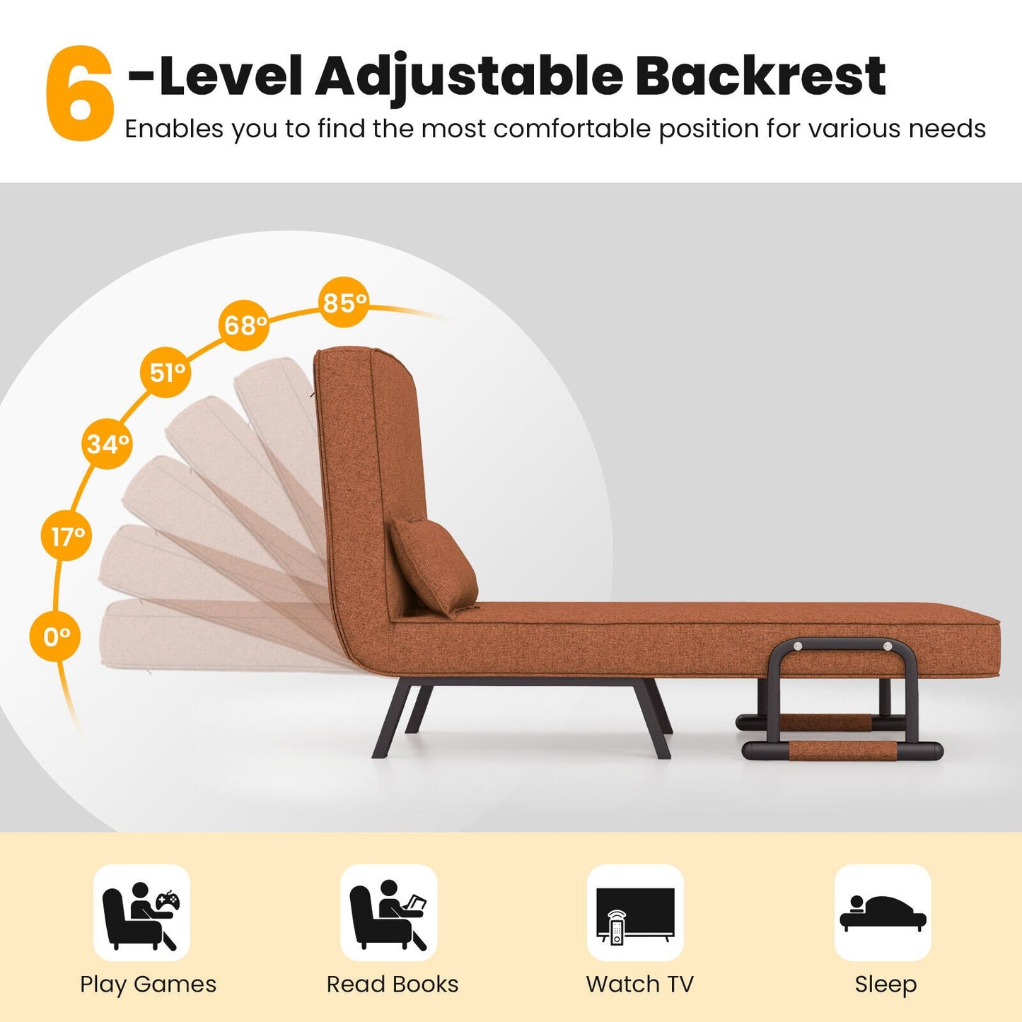 6 Position Folding Sleeper Armchair with Pillow and Sturdy Metal Frame in Brown