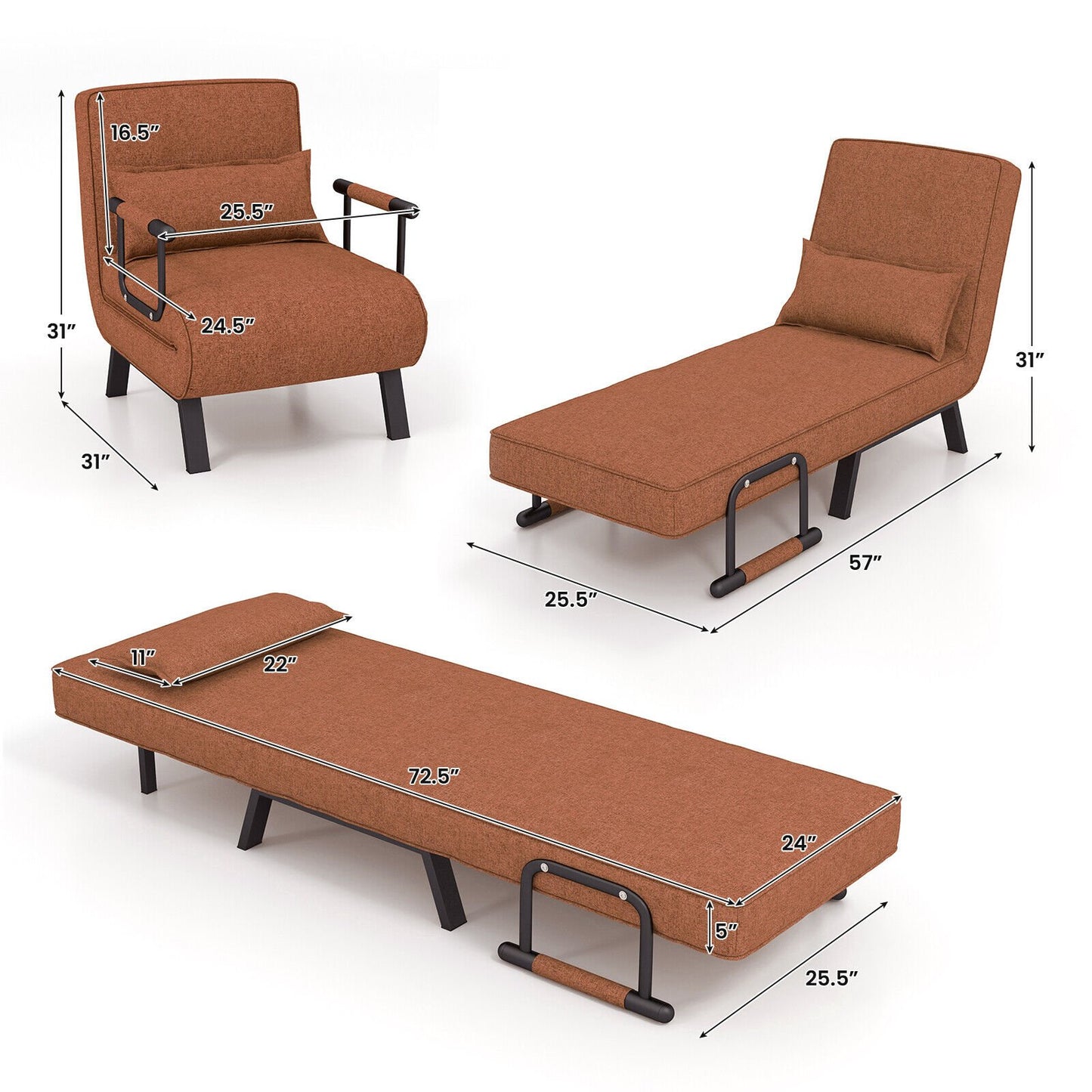 6 Position Folding Sleeper Armchair with Pillow and Sturdy Metal Frame in Brown