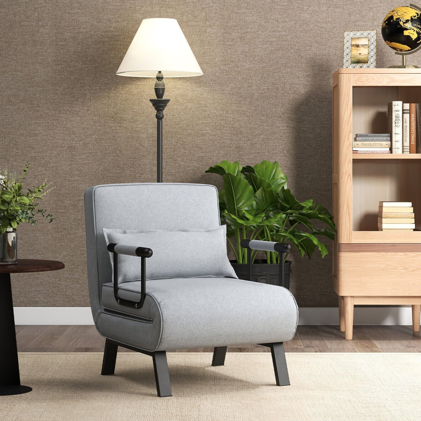 6 Position Folding Sleeper Armchair with Pillow and Sturdy Metal Frame in Light Grey