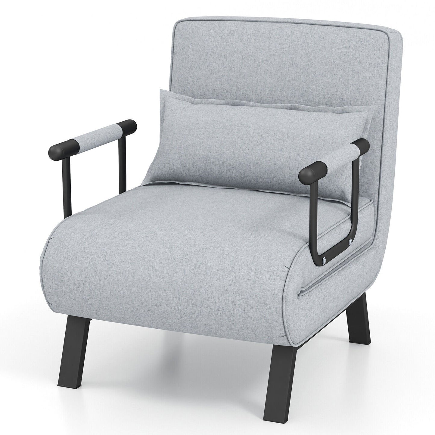 6 Position Folding Sleeper Armchair with Pillow and Sturdy Metal Frame in Light Grey