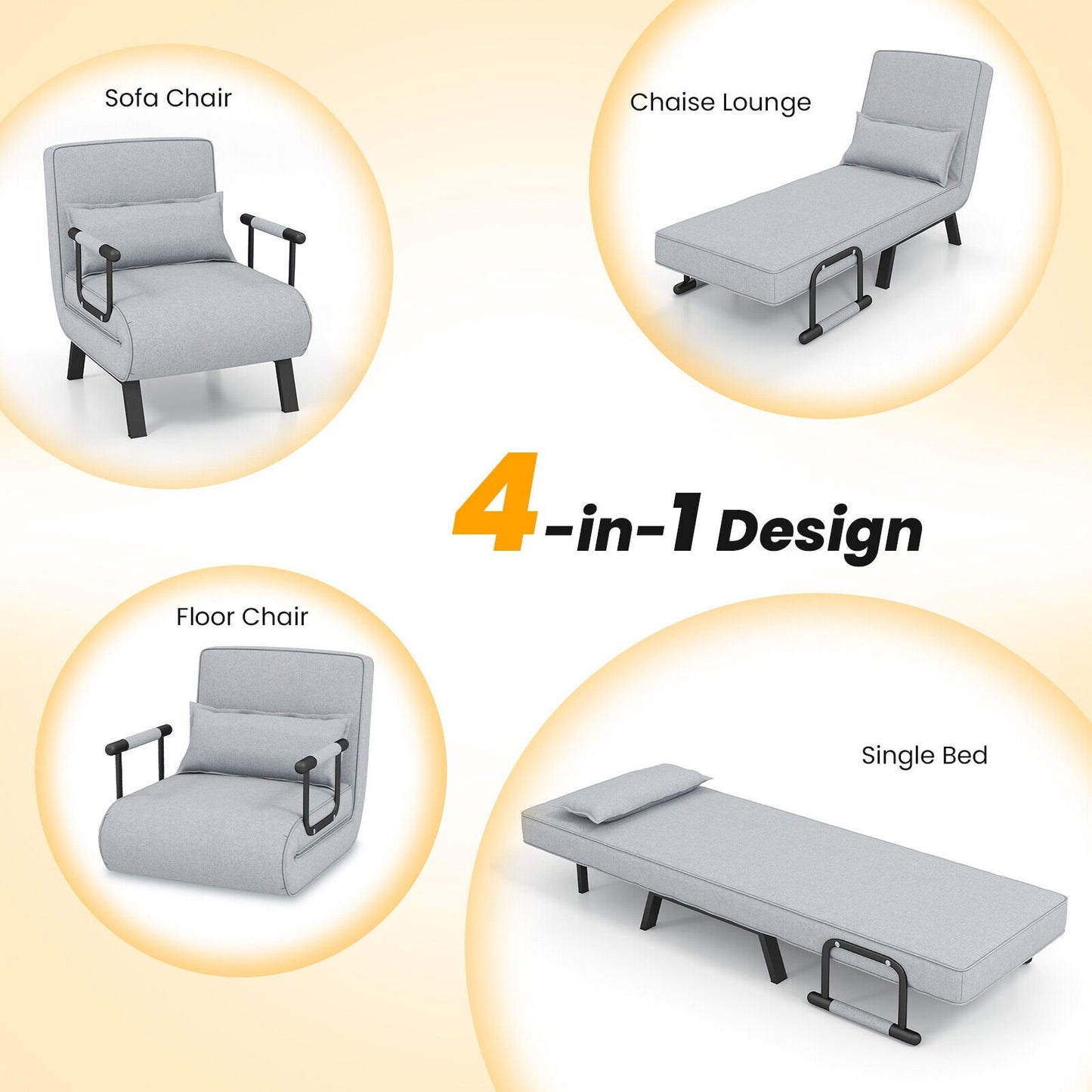 6 Position Folding Sleeper Armchair with Pillow and Sturdy Metal Frame in Light Grey