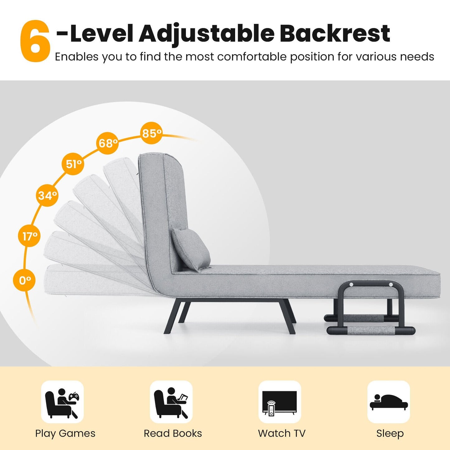 6 Position Folding Sleeper Armchair with Pillow and Sturdy Metal Frame in Light Grey