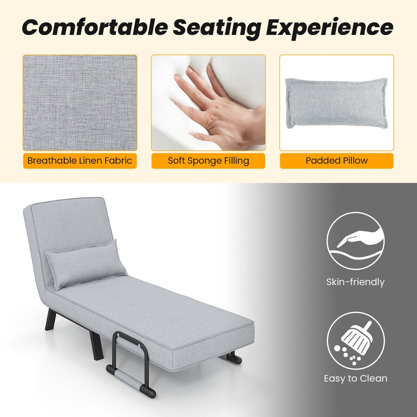 6 Position Folding Sleeper Armchair with Pillow and Sturdy Metal Frame in Light Grey