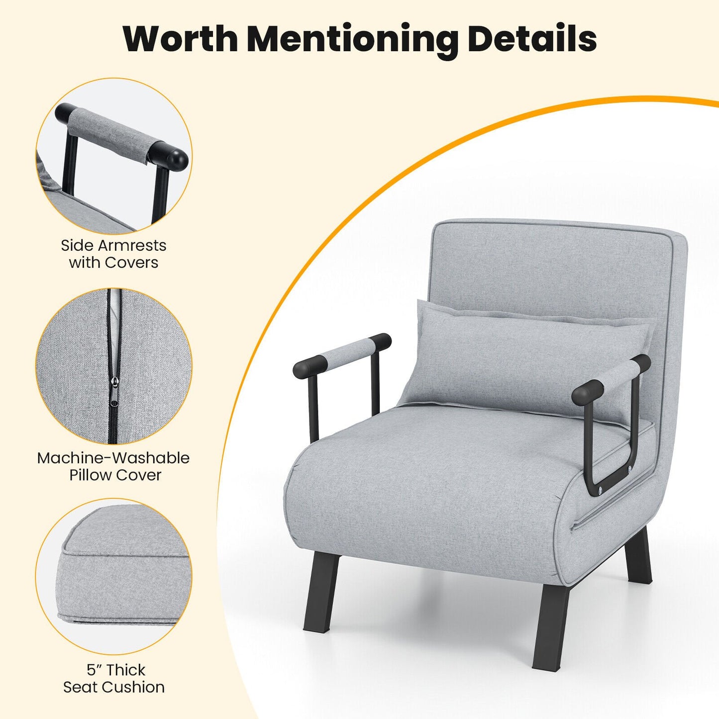 6 Position Folding Sleeper Armchair with Pillow and Sturdy Metal Frame in Light Grey