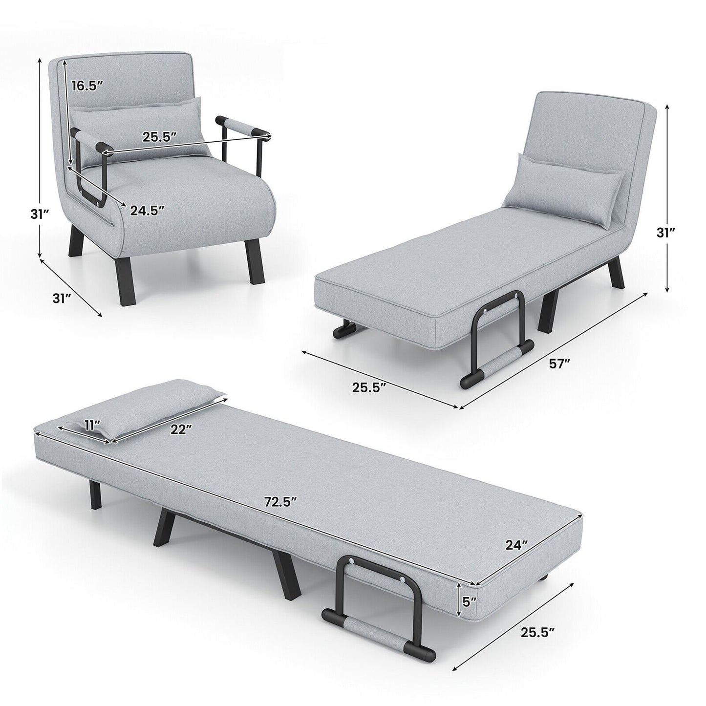 6 Position Folding Sleeper Armchair with Pillow and Sturdy Metal Frame in Light Grey