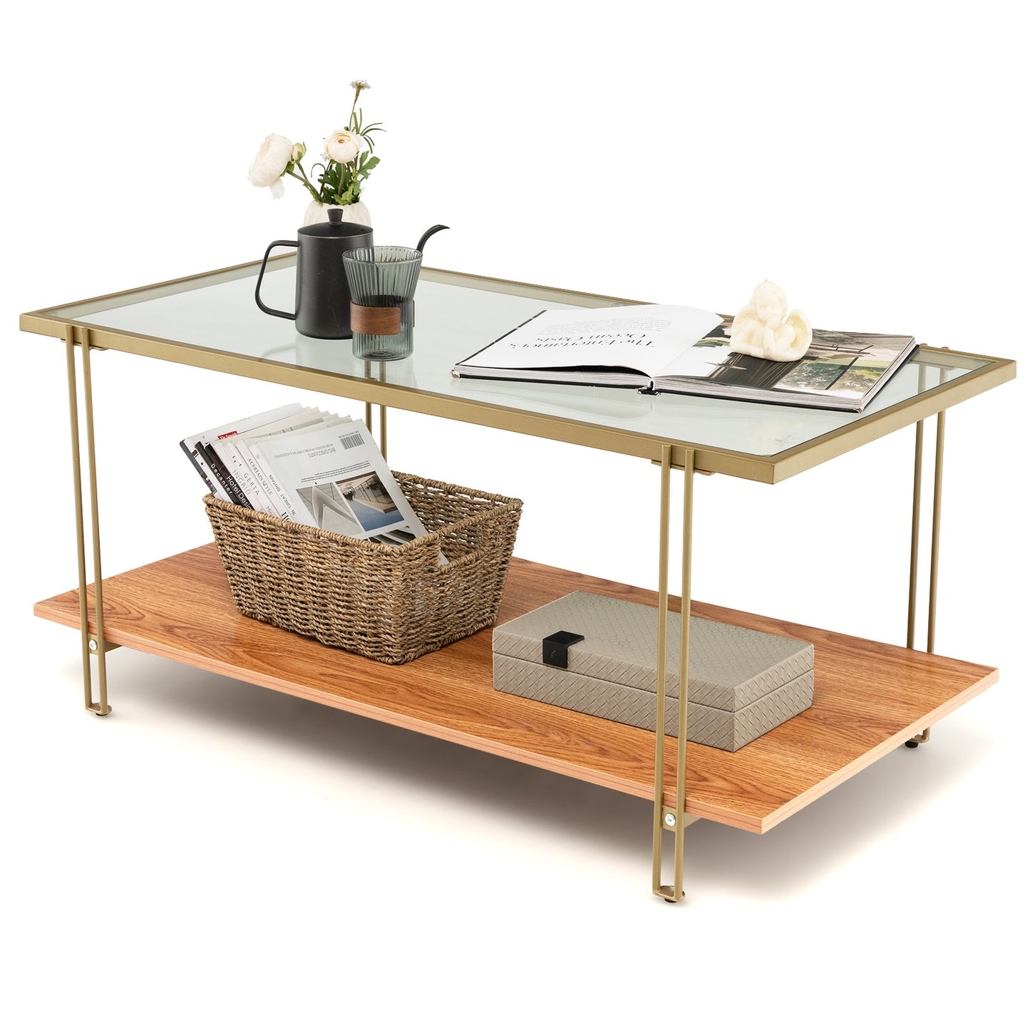 Elegant Glass Coffee Table with Two Tier Storage and Gold Metal Frame Rectangular Shape