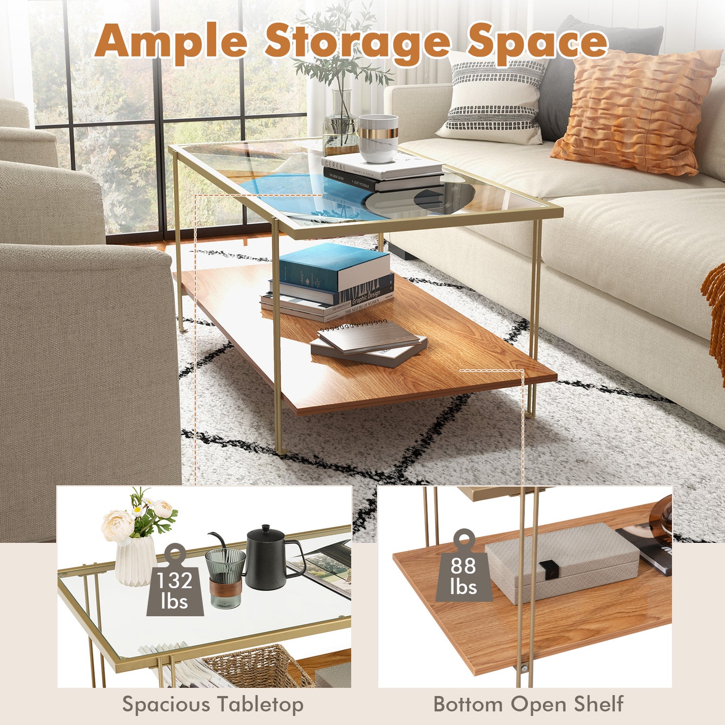 Elegant Glass Coffee Table with Two Tier Storage and Gold Metal Frame Rectangular Shape
