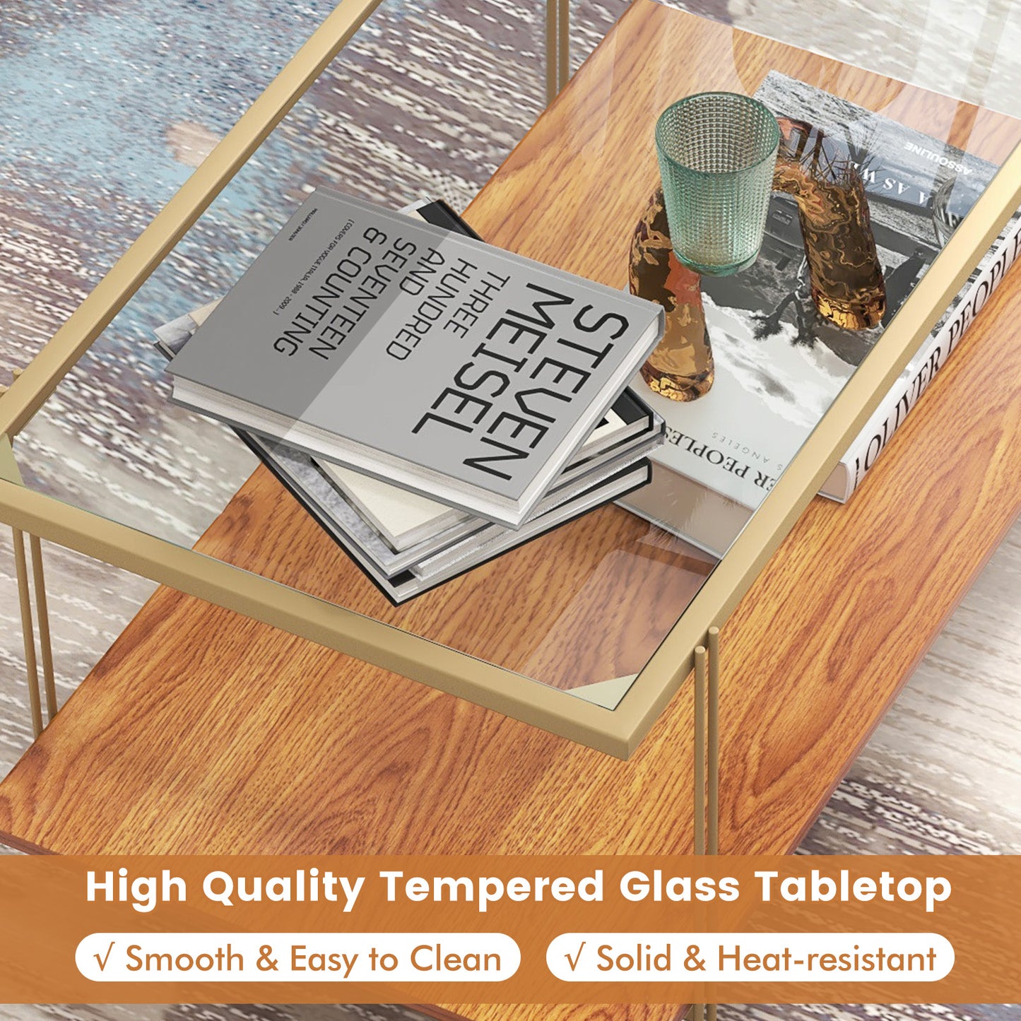 Elegant Glass Coffee Table with Two Tier Storage and Gold Metal Frame Rectangular Shape