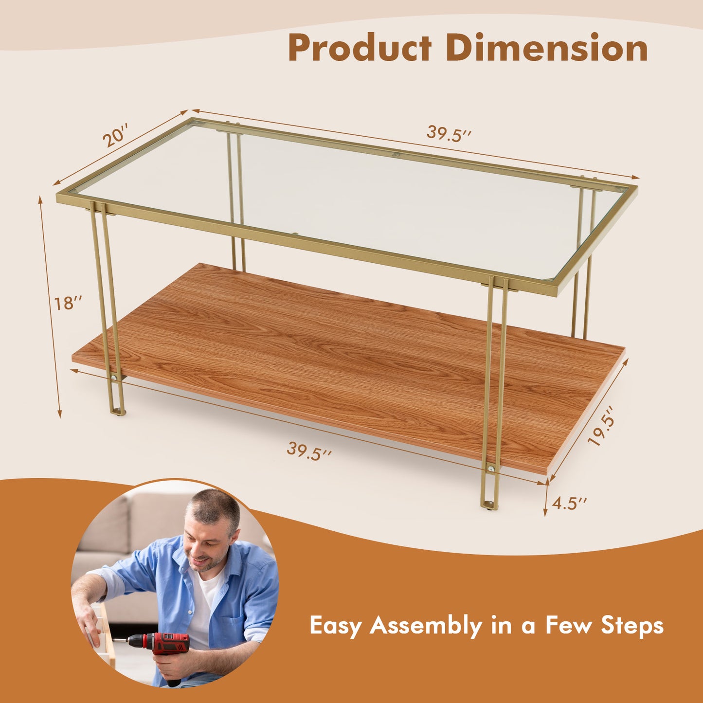 Elegant Glass Coffee Table with Two Tier Storage and Gold Metal Frame Rectangular Shape