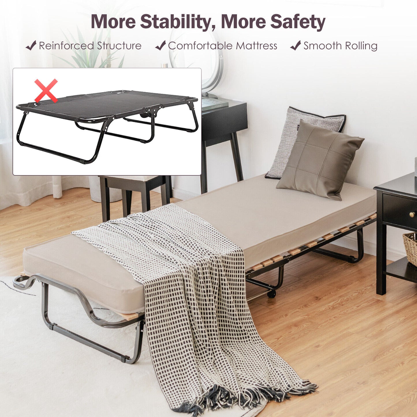 Portable Rollaway Bed with Memory Foam Mattress and Dust-Proof Bag – Made in Italy