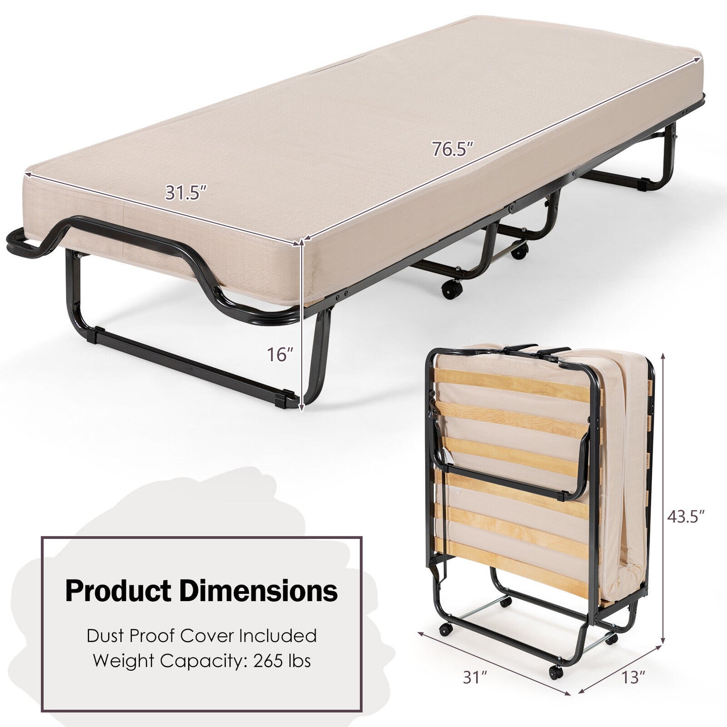 Portable Rollaway Bed with Memory Foam Mattress and Dust-Proof Bag – Made in Italy