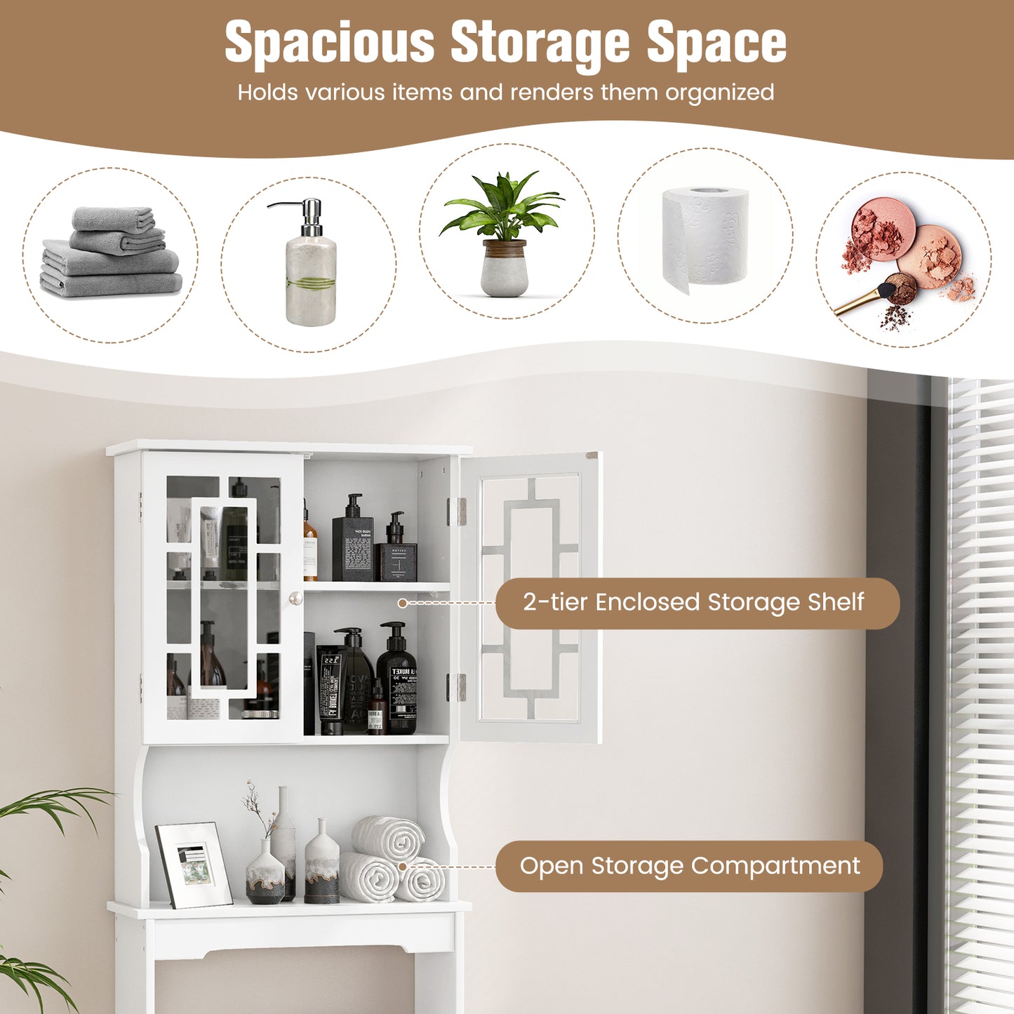 Over-the-Toilet Bathroom Spacesaver Cabinet with Door Storage