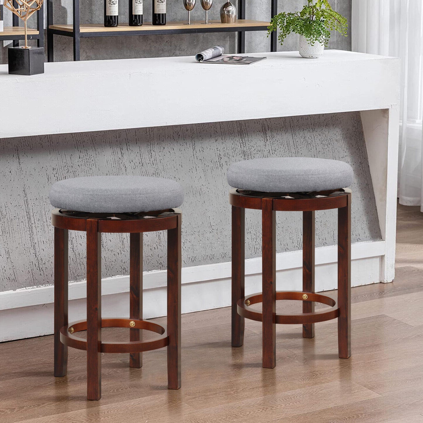 Set of 2 Swivel Counter Stools with Padded Cushions and Wood Legs, 26 Inch Height