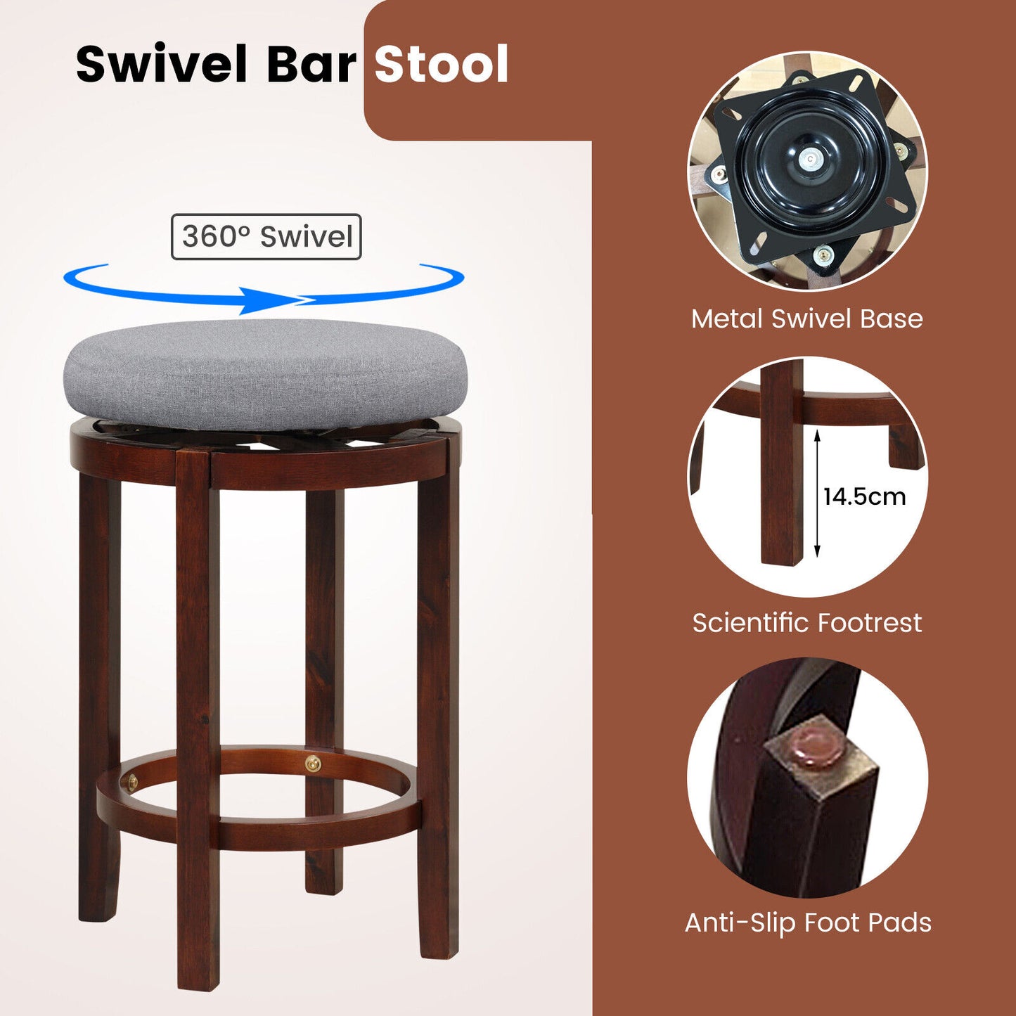 Set of 2 Swivel Counter Stools with Padded Cushions and Wood Legs, 26 Inch Height