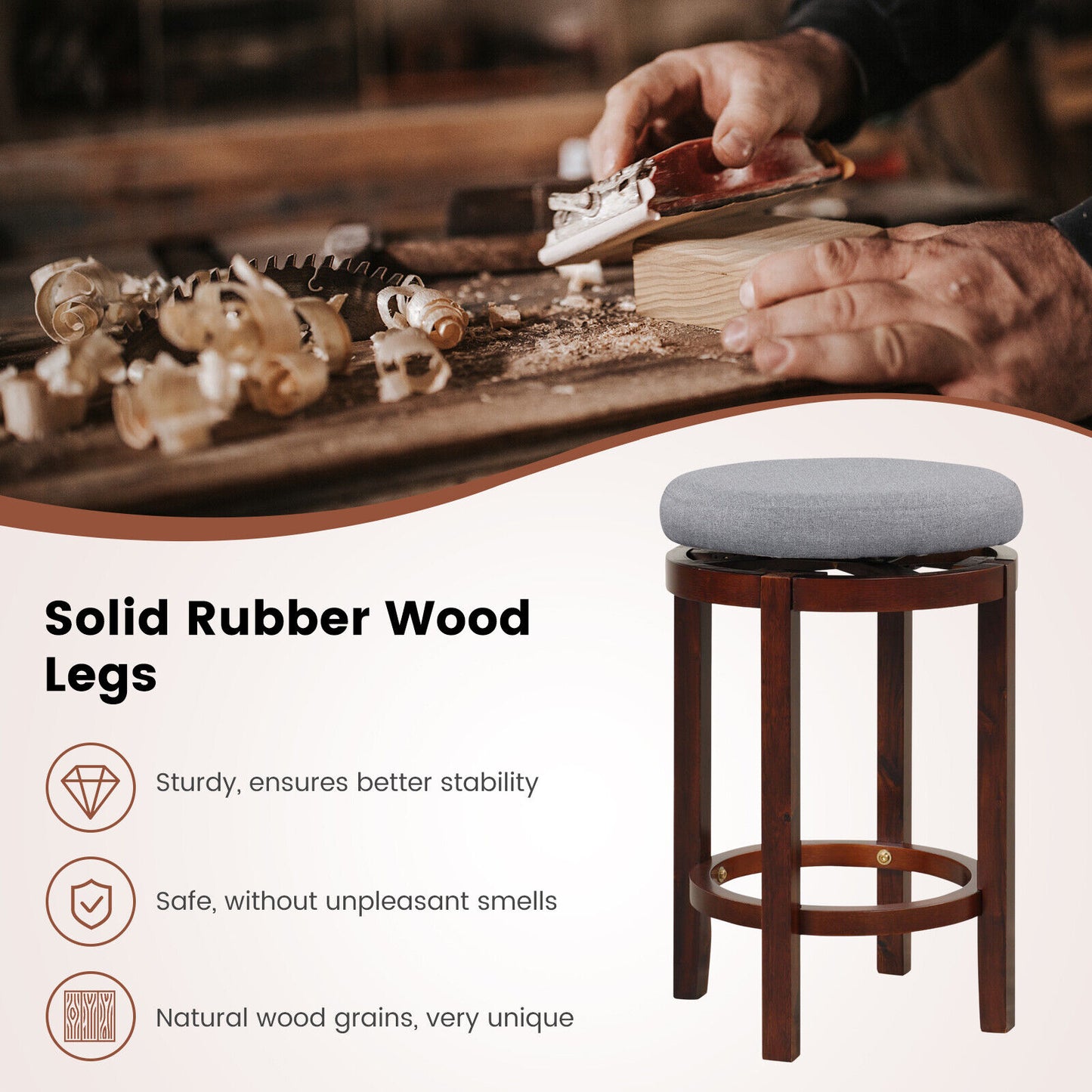 Set of 2 Swivel Counter Stools with Padded Cushions and Wood Legs, 26 Inch Height