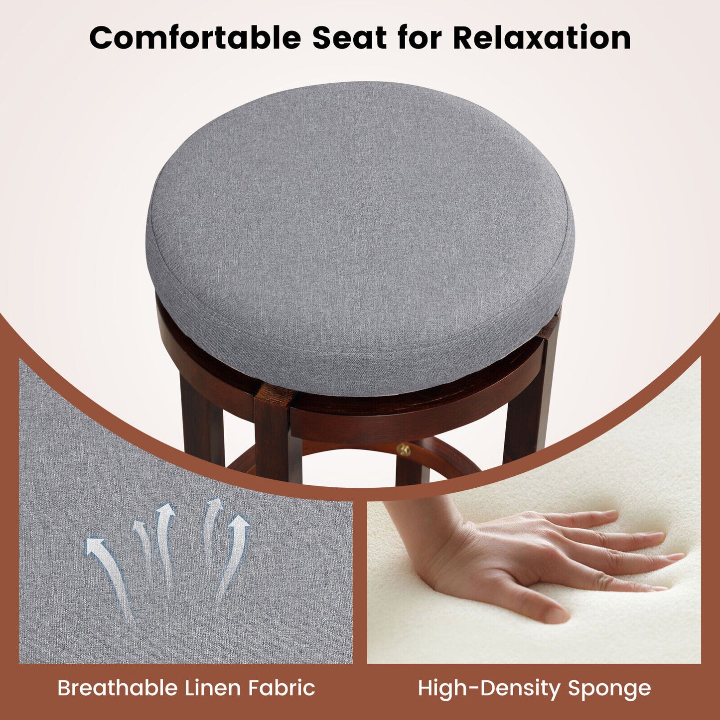 Set of 2 Swivel Counter Stools with Padded Cushions and Wood Legs, 26 Inch Height