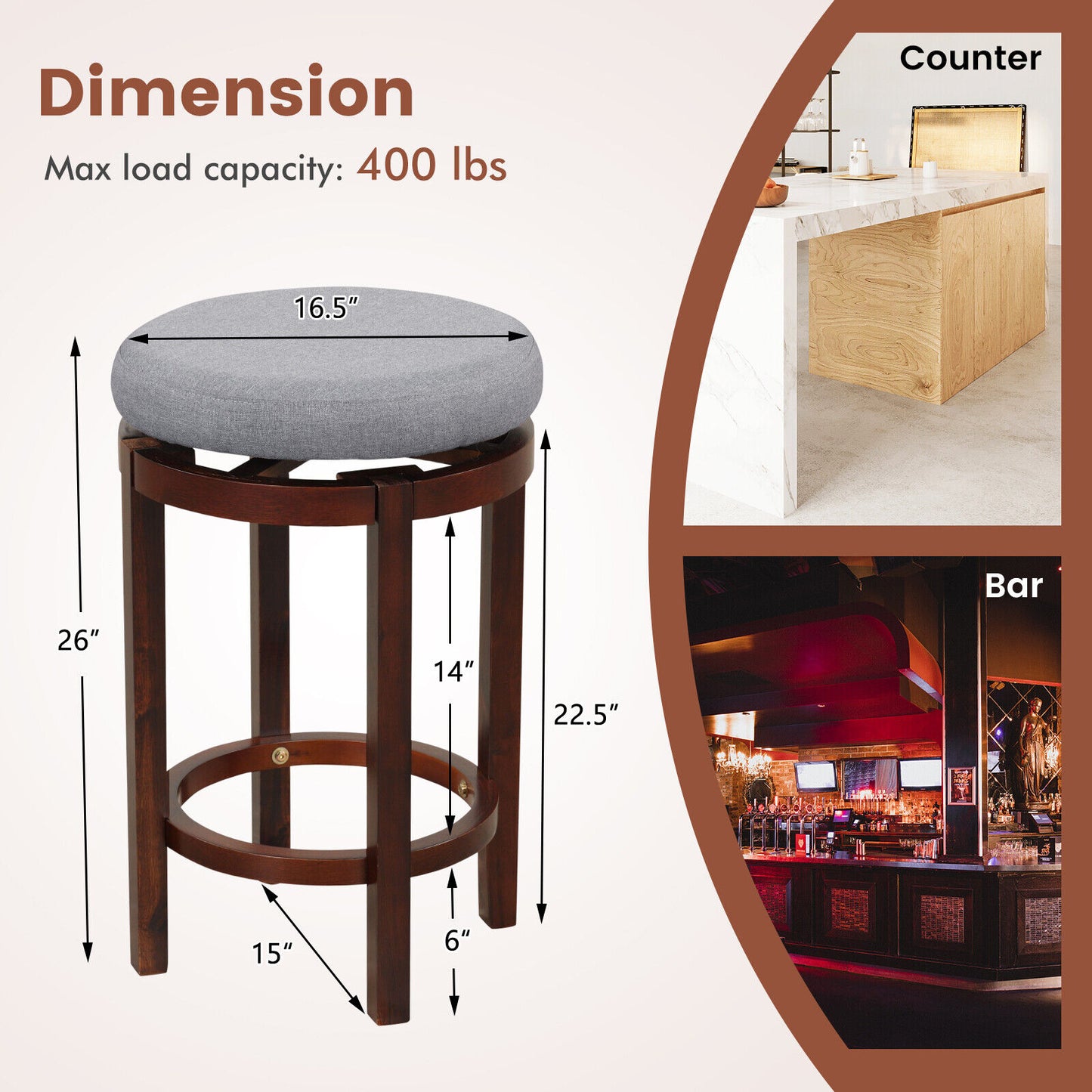 Set of 2 Swivel Counter Stools with Padded Cushions and Wood Legs, 26 Inch Height