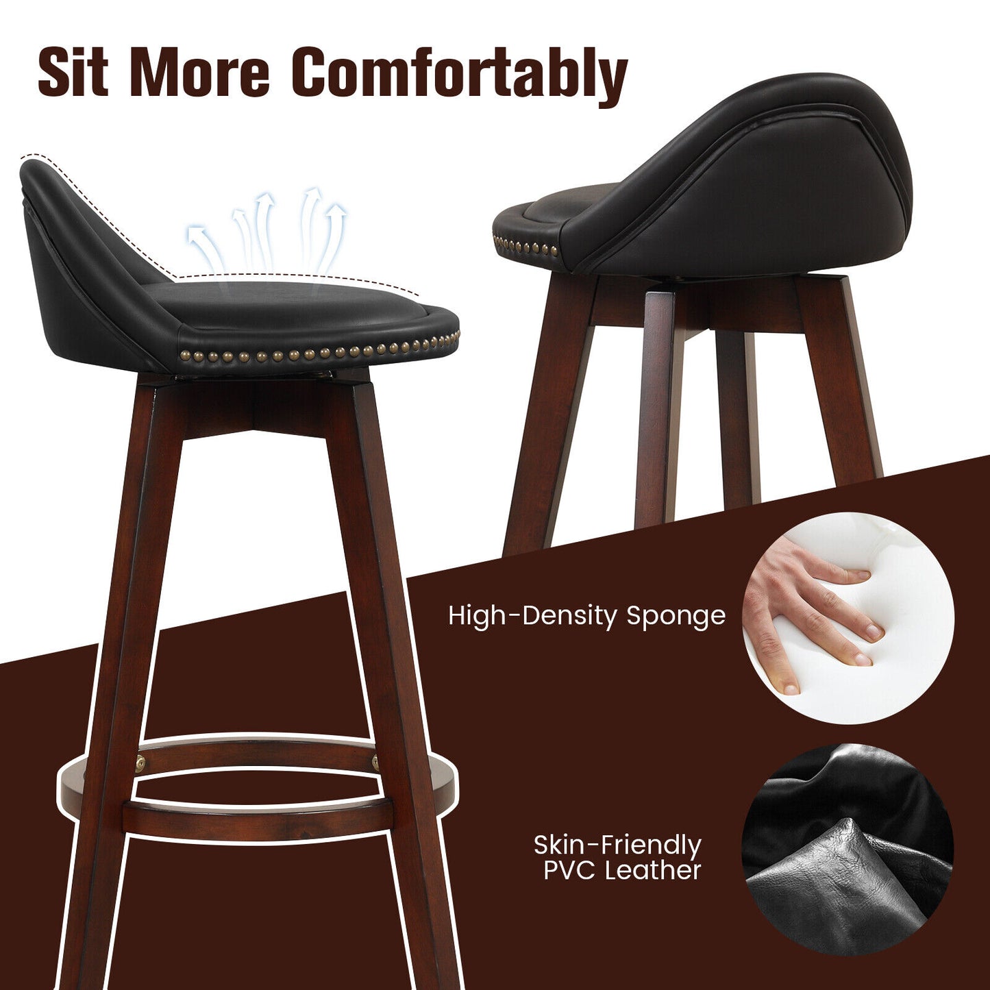 Set of 2 Swivel Bar Stools with Cushioned Seats and Low Backrest