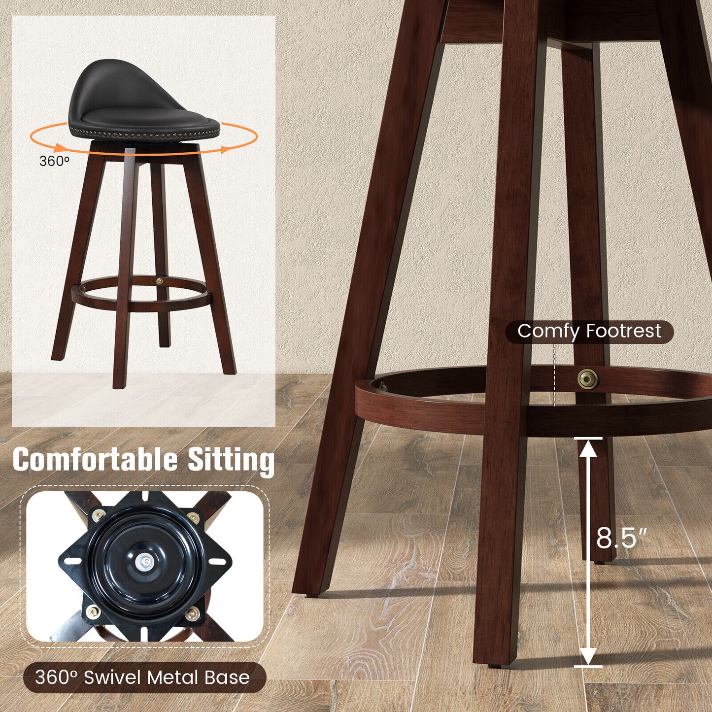 Set of 2 Swivel Bar Stools with Cushioned Seats and Low Backrest