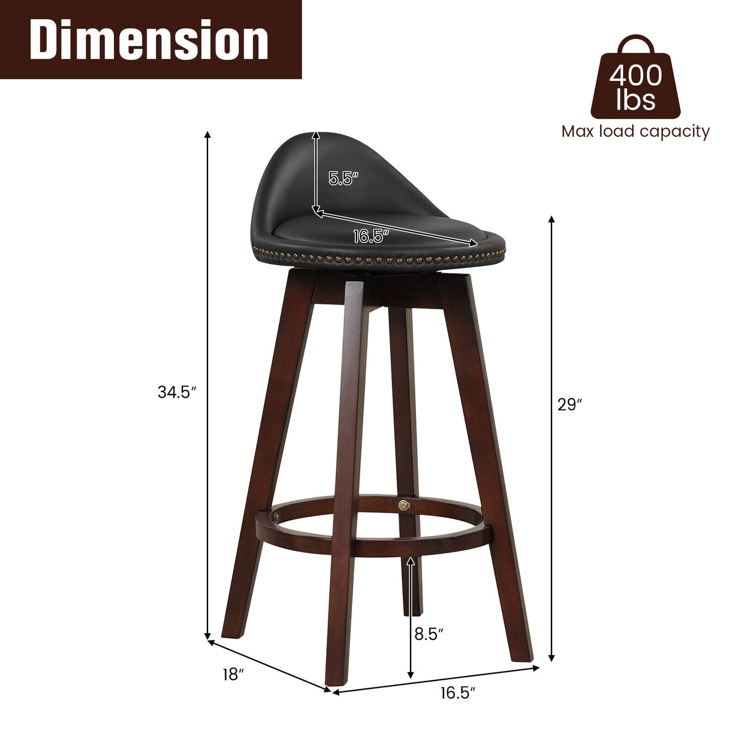 Set of 2 Swivel Bar Stools with Cushioned Seats and Low Backrest