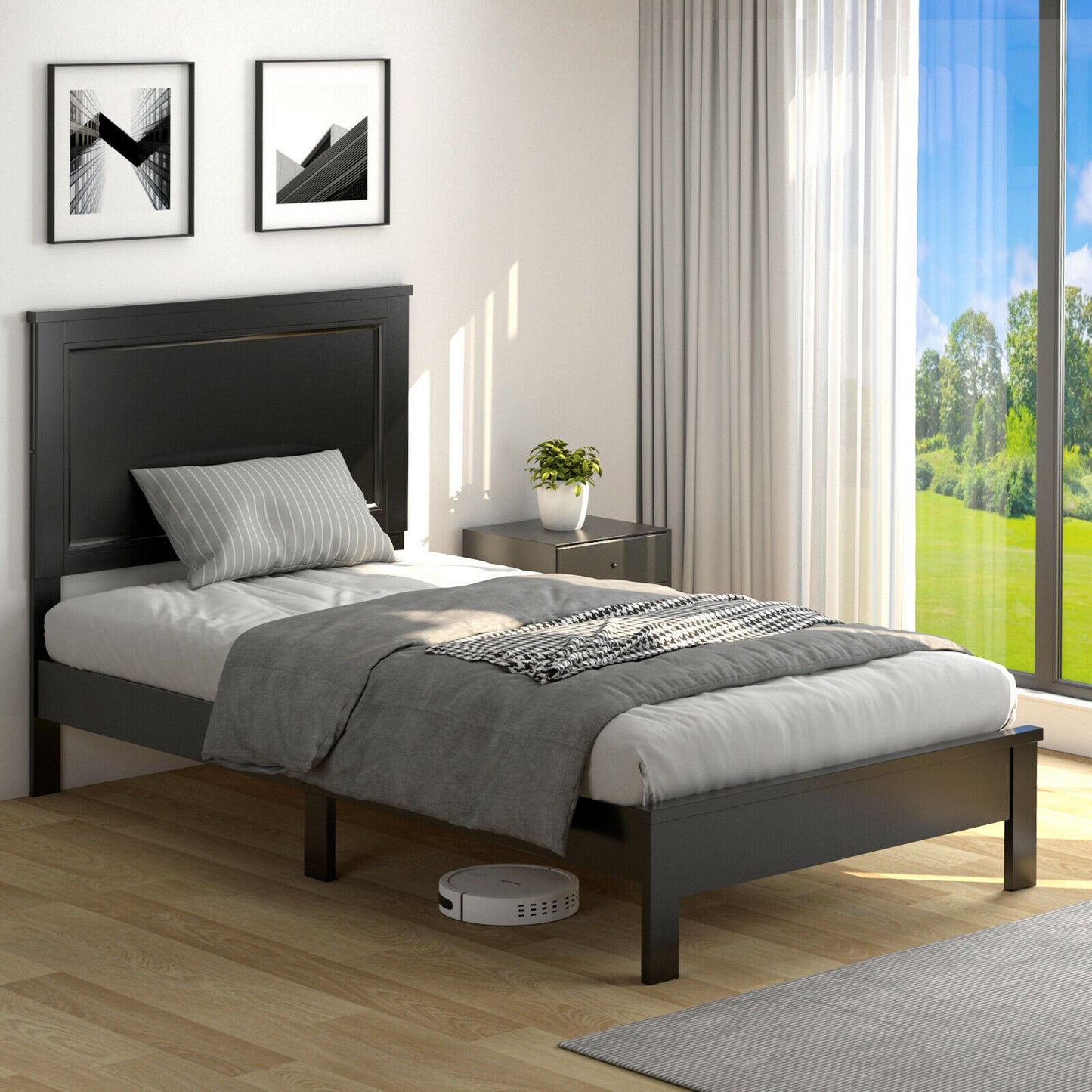 Premium Twin Size Platform Bed Frame with Solid Rubber Wood Legs – Black