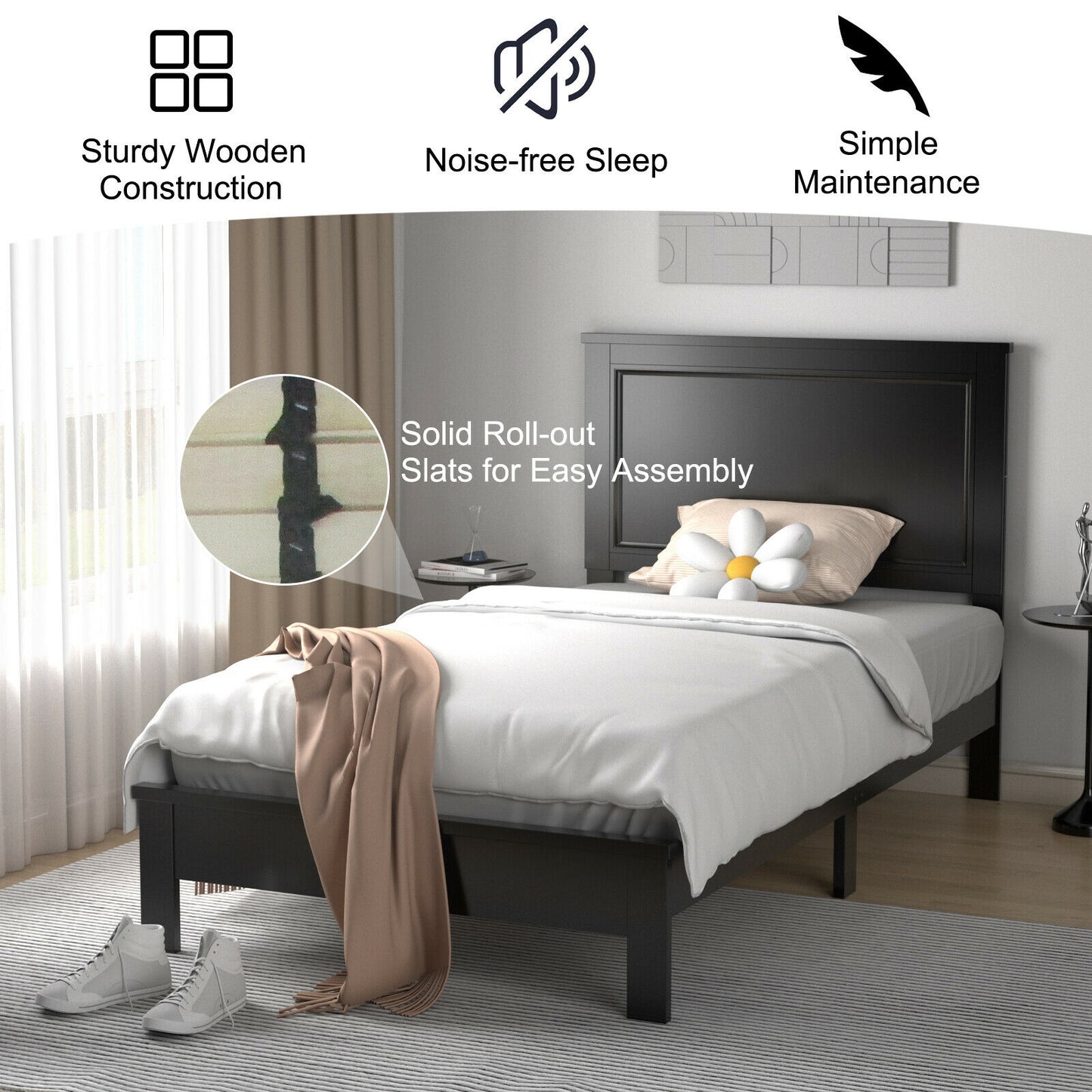 Premium Twin Size Platform Bed Frame with Solid Rubber Wood Legs – Black