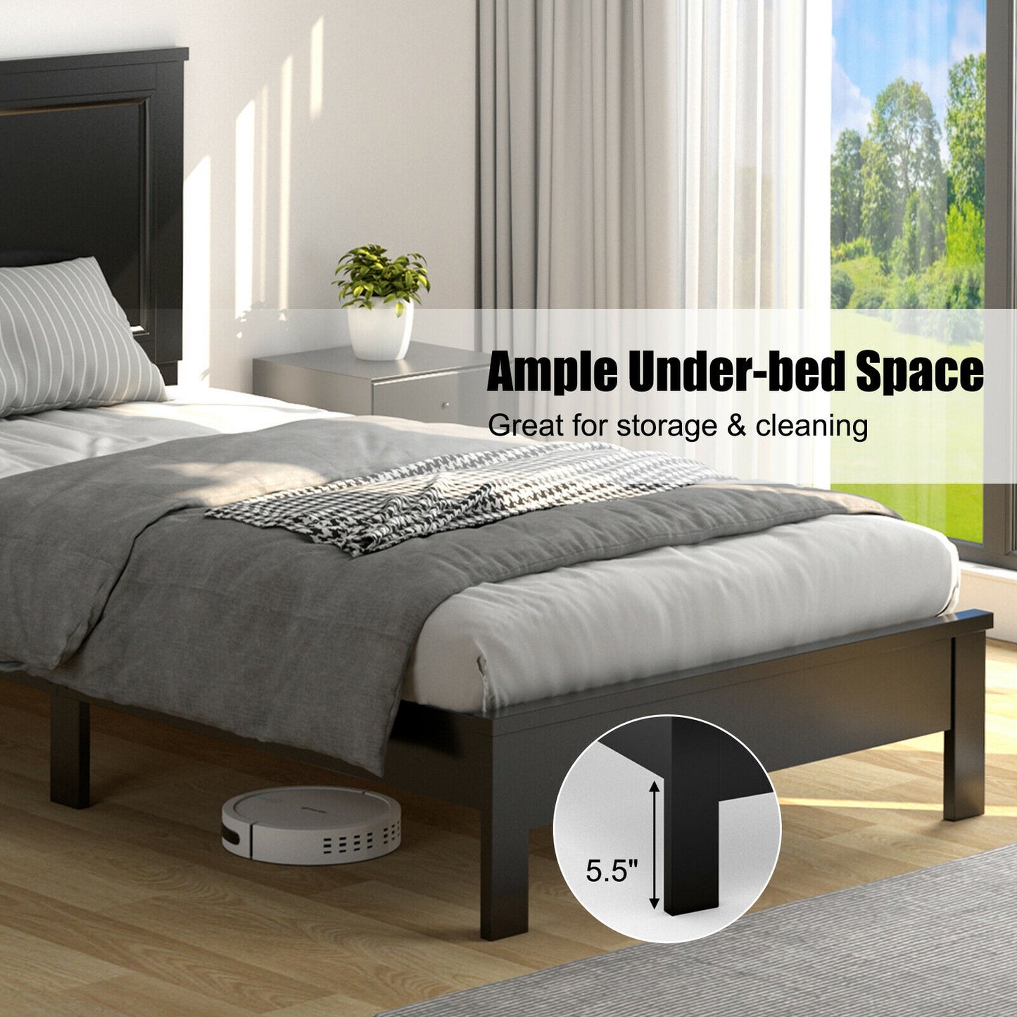 Premium Twin Size Platform Bed Frame with Solid Rubber Wood Legs – Black