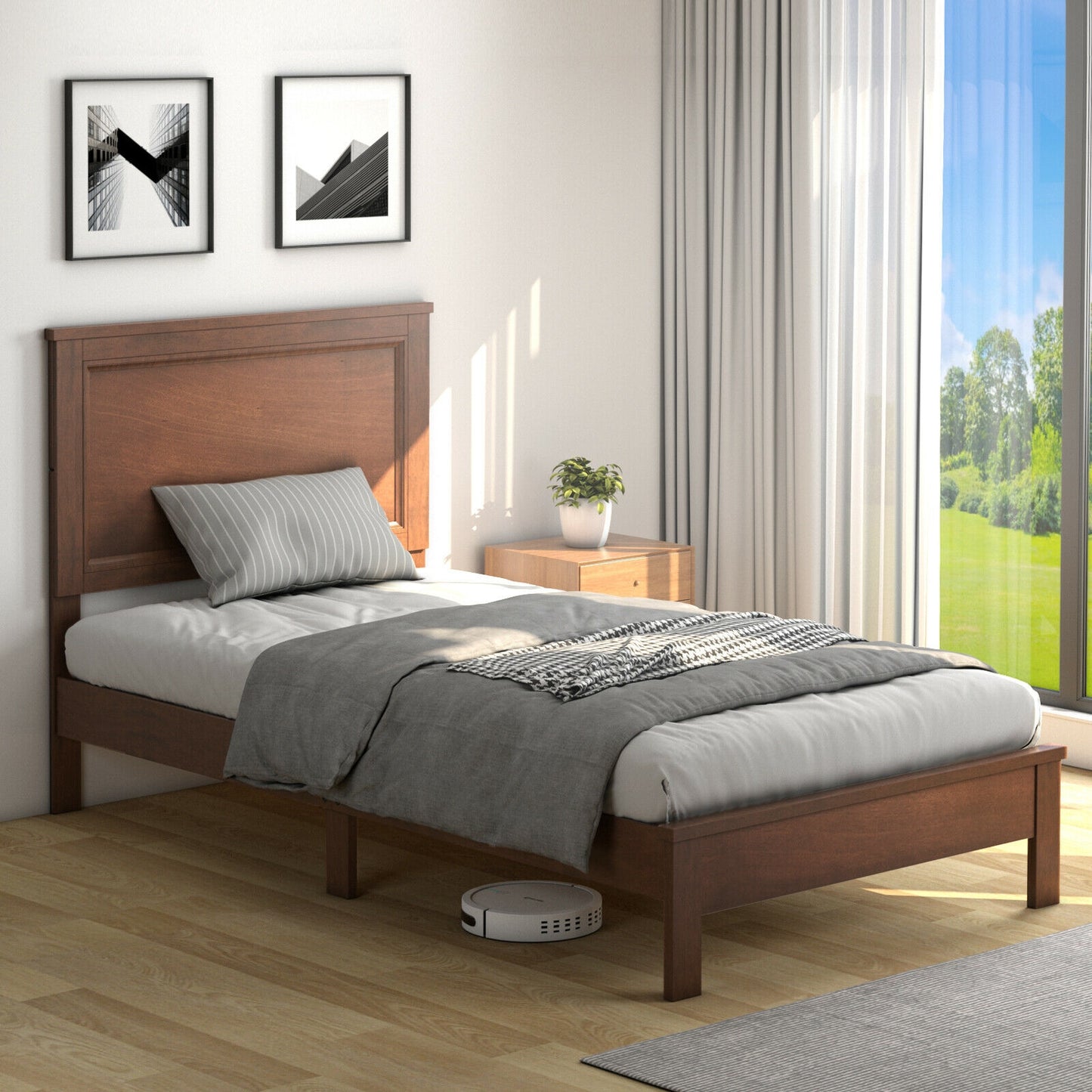 Premium Twin Size Platform Bed Frame with Solid Rubber Wood Legs – Walnut