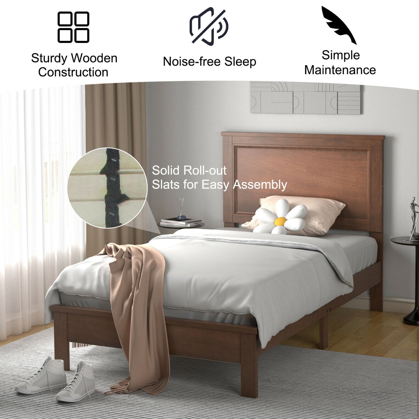 Premium Twin Size Platform Bed Frame with Solid Rubber Wood Legs – Walnut
