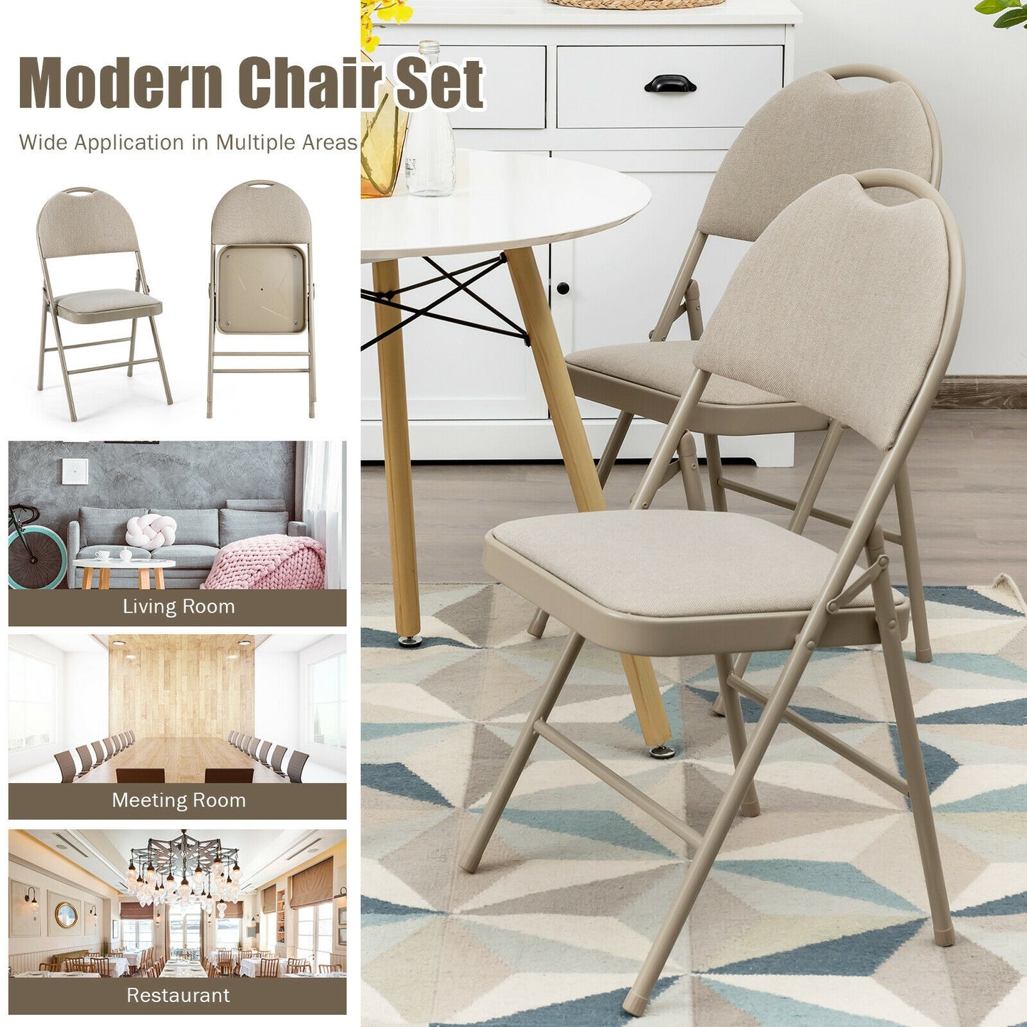 Set of 6 Portable Folding Chairs with Padded Seats for Office Kitchen Dining - Beige