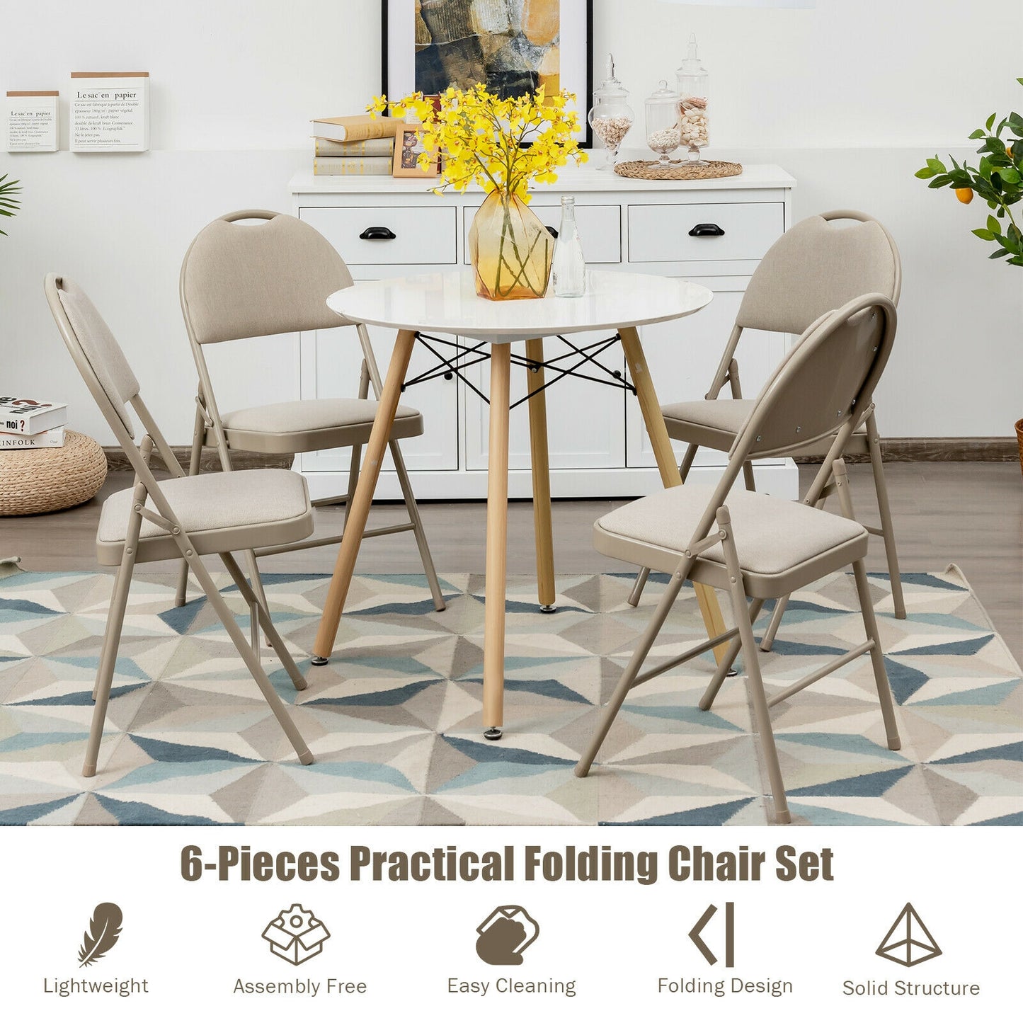 Set of 6 Portable Folding Chairs with Padded Seats for Office Kitchen Dining - Beige