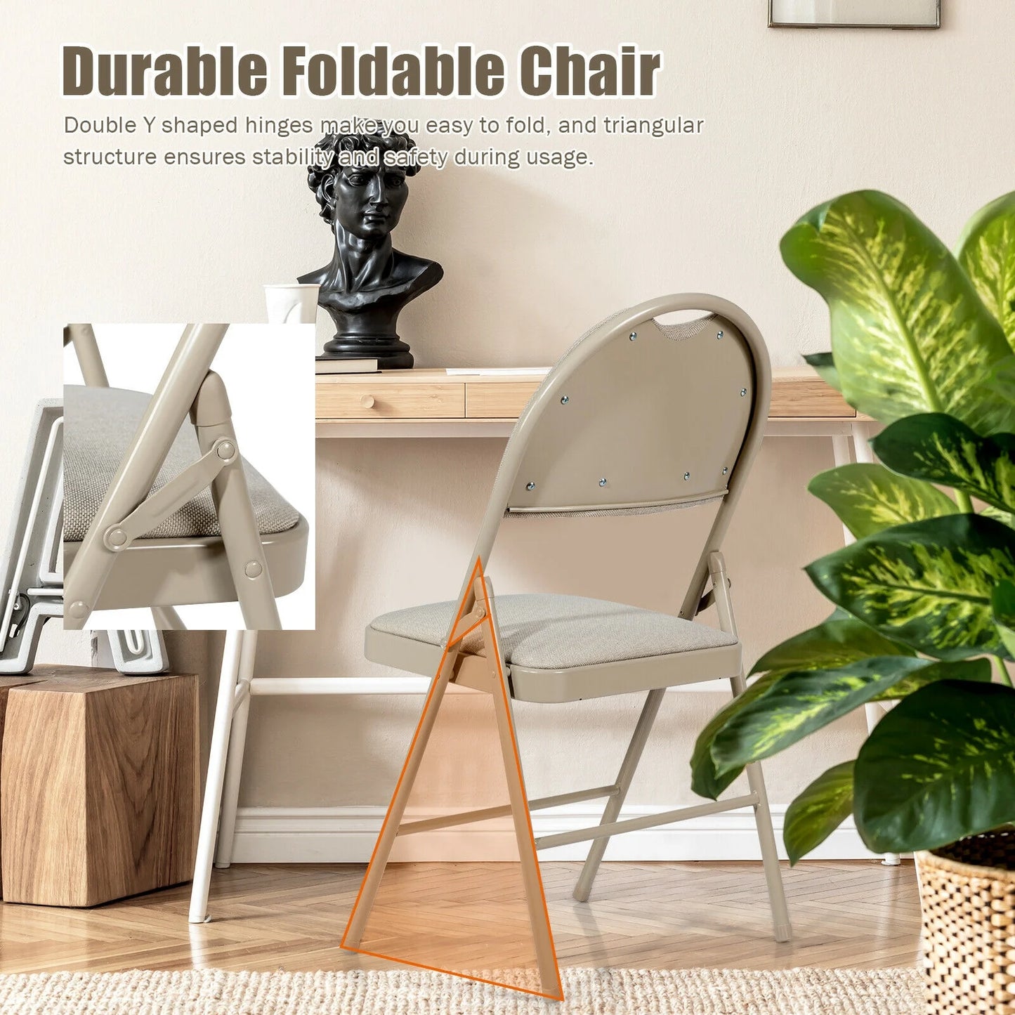 Set of 6 Portable Folding Chairs with Padded Seats for Office Kitchen Dining - Beige