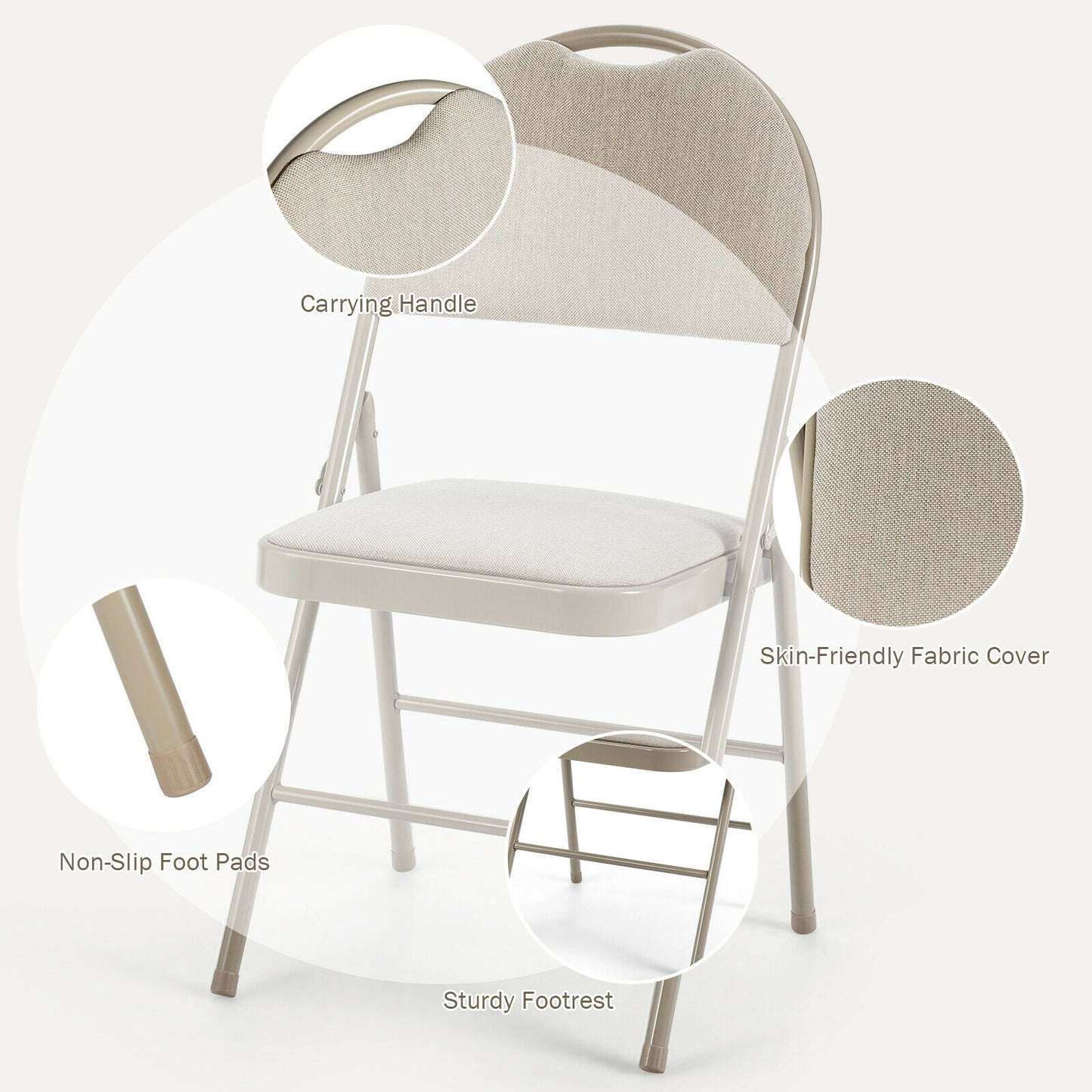 Set of 6 Portable Folding Chairs with Padded Seats for Office Kitchen Dining - Beige