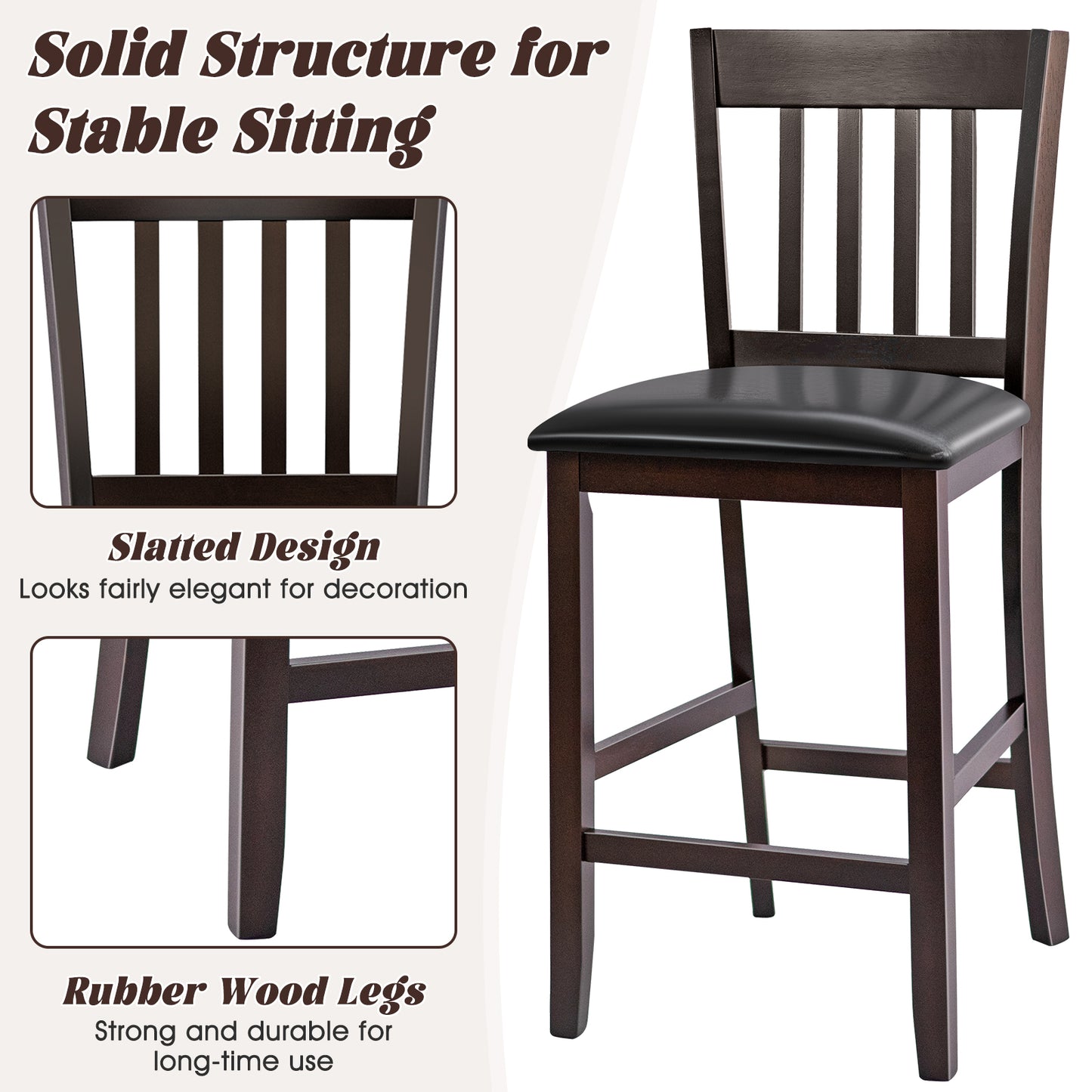 Set of 2 Counter Height Bar Stools with Rubber Wood Legs and Cushioned Seats 25 Inch