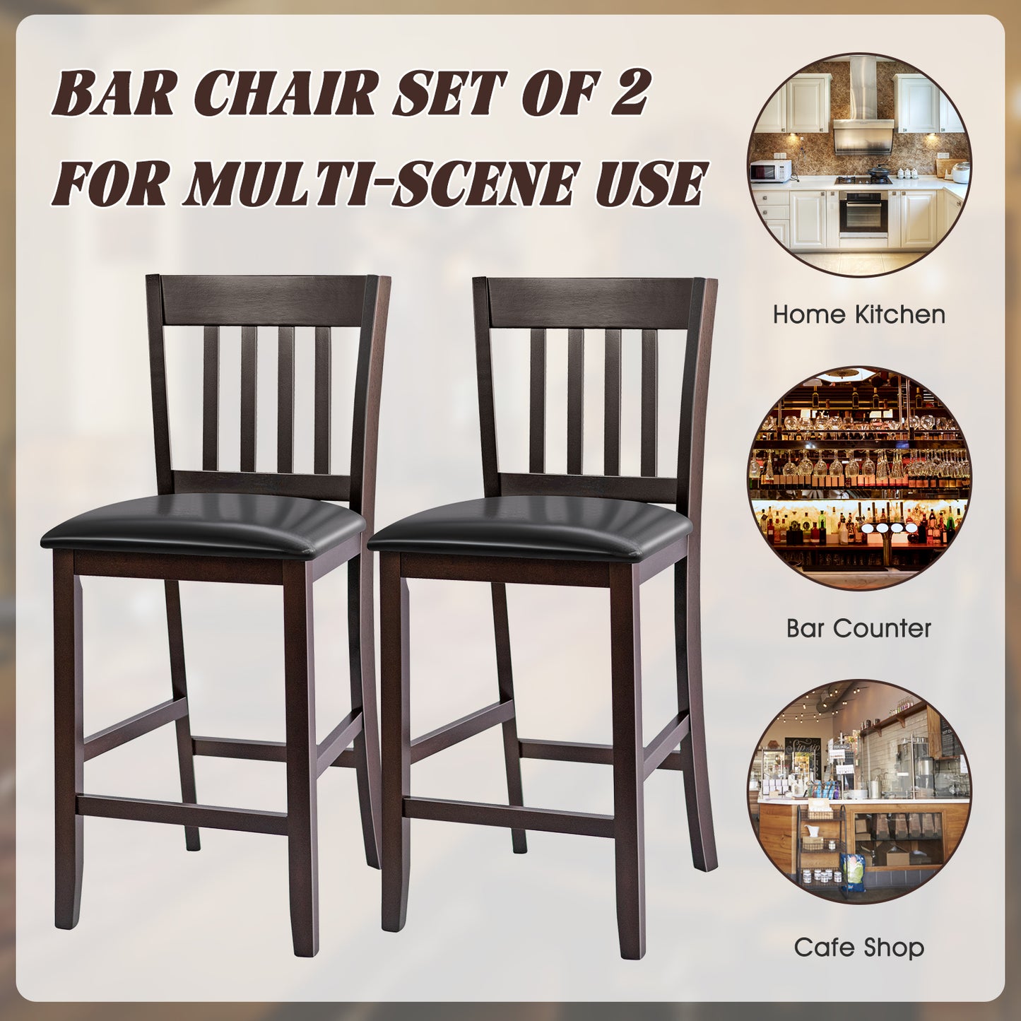 Set of 2 Counter Height Bar Stools with Rubber Wood Legs and Cushioned Seats 25 Inch