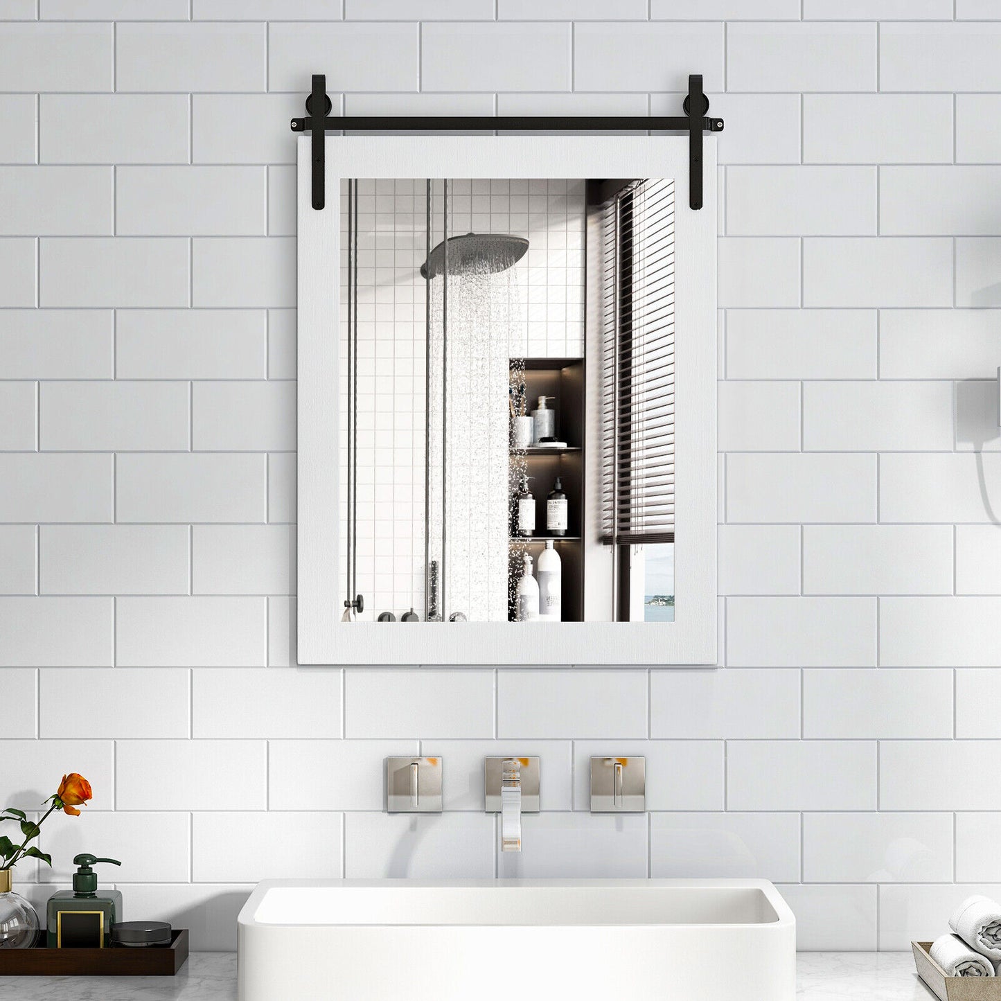 30 x 22 Inch Rustic Wall-Mounted Mirror with Solid Wood Frame and Metal Bracket - White