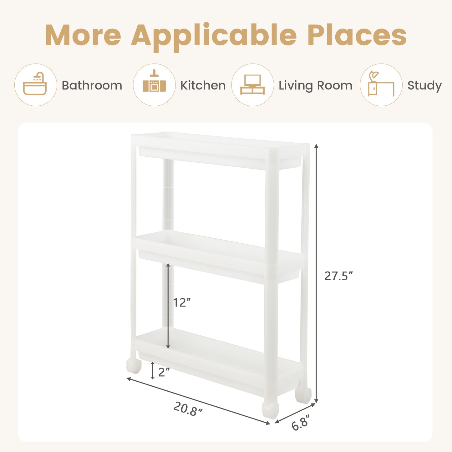 Set of 2 Slim 3-Tier Rolling Storage Carts with Detachable Shelves and Drainage Holes
