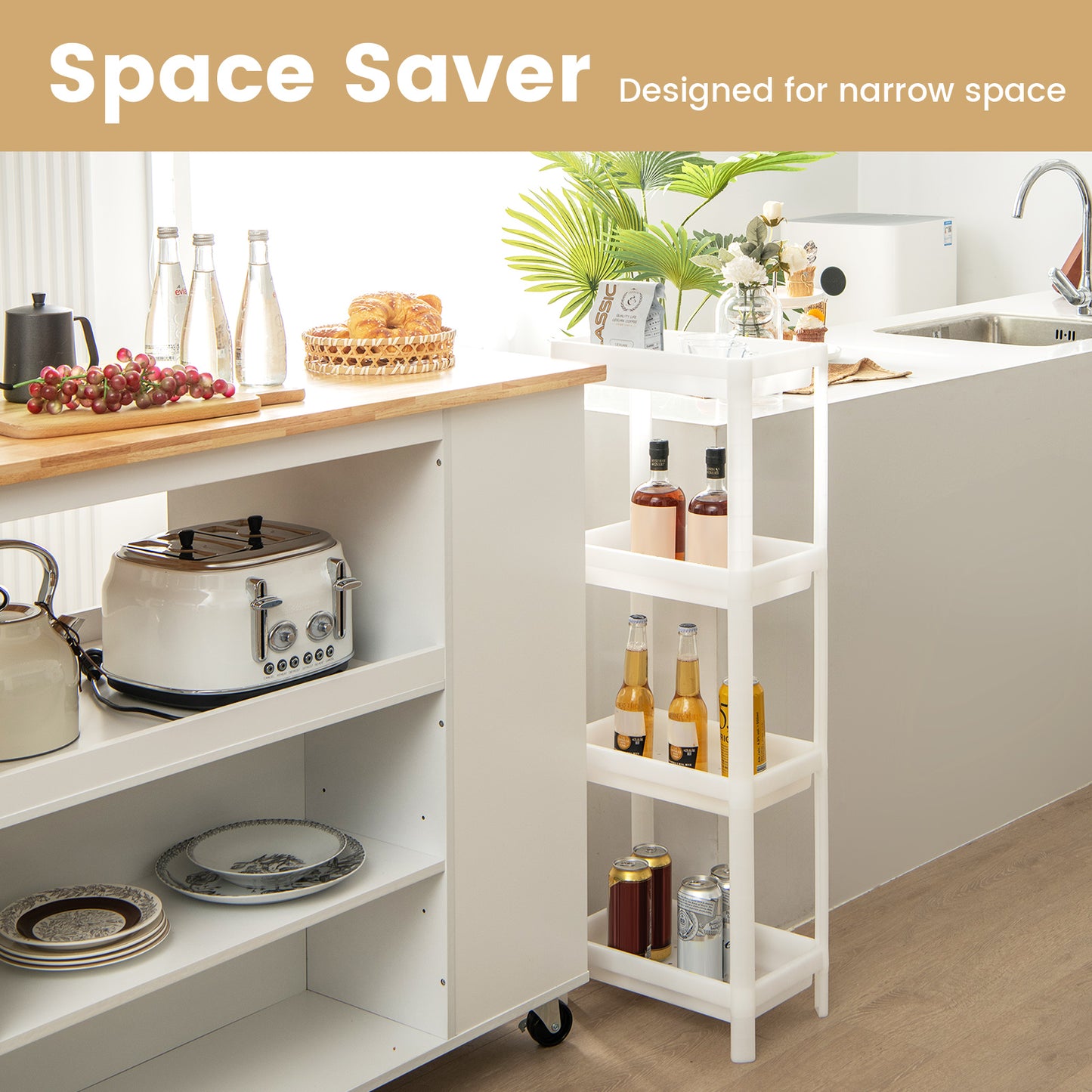 Set of 2 Slim Rolling Storage Carts with 4 Tier Adjustable Shelves and Drainage