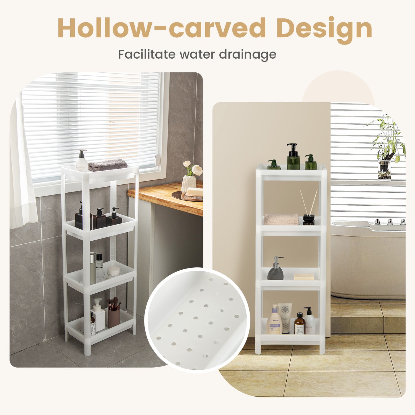 Set of 2 Slim Rolling Storage Carts with 4 Tier Adjustable Shelves and Drainage