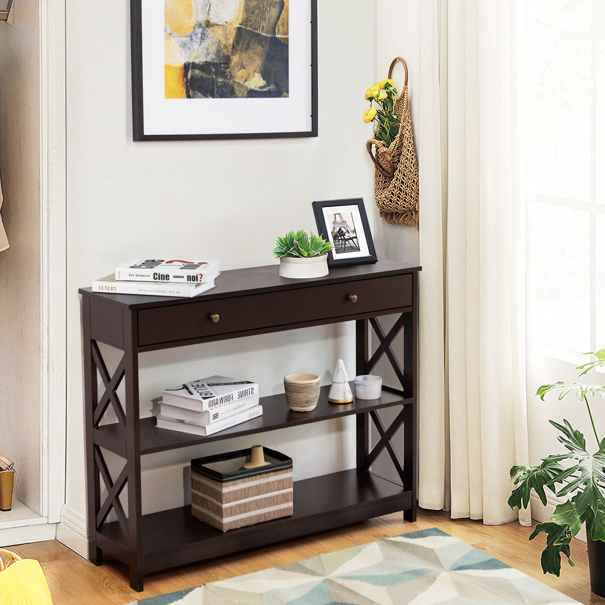 3 Tier Console Table with Drawer and Storage Shelves in Dark Brown