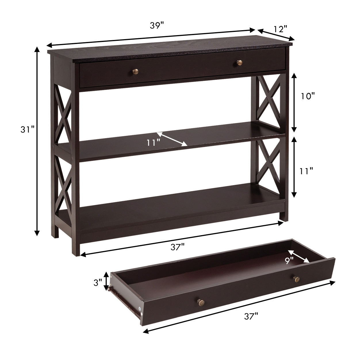 3 Tier Console Table with Drawer and Storage Shelves in Dark Brown