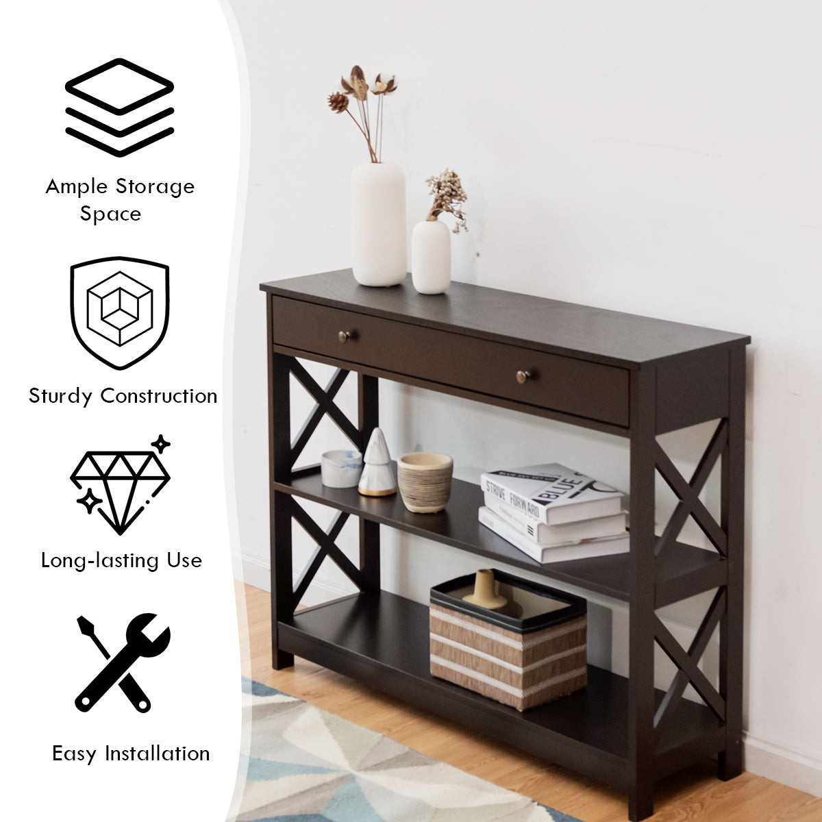 3 Tier Console Table with Drawer and Storage Shelves in Dark Brown