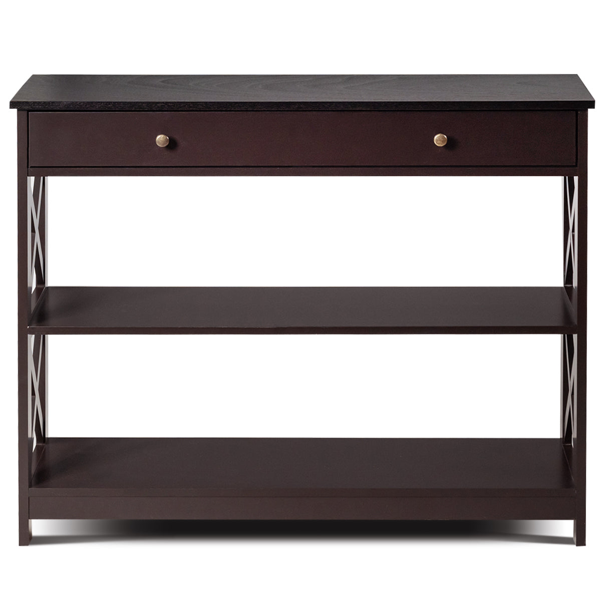 3 Tier Console Table with Drawer and Storage Shelves in Dark Brown