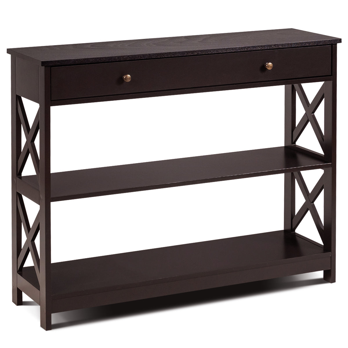 3 Tier Console Table with Drawer and Storage Shelves in Dark Brown